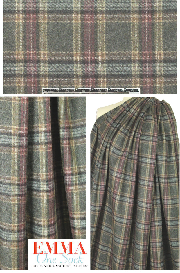 Italian wool/cashmere yarn dye plaid - plum/gray 1.5 yds