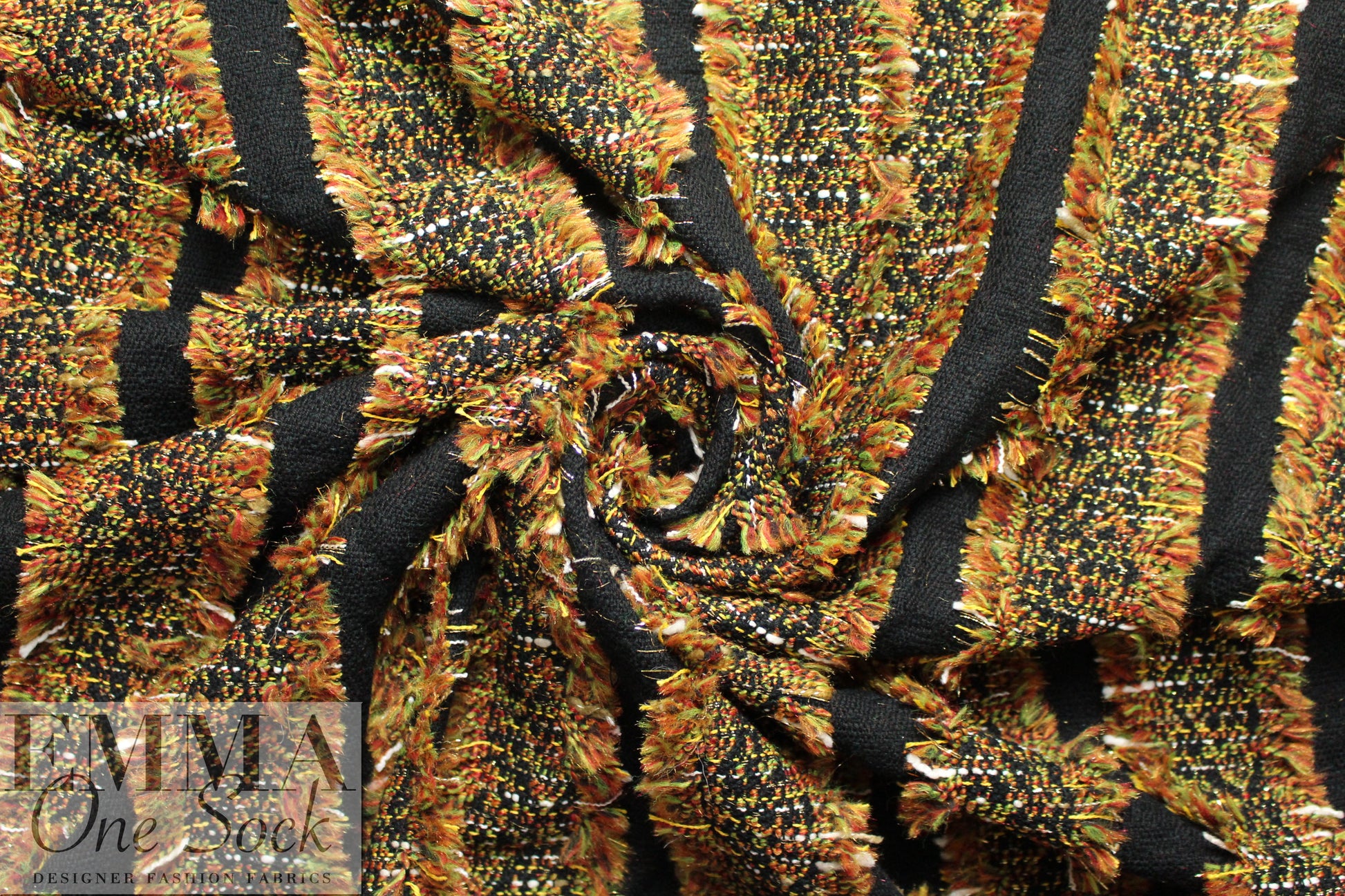 Italian Chane1 fringed stripe boucle' - spice/black/leaf 1.75 yd