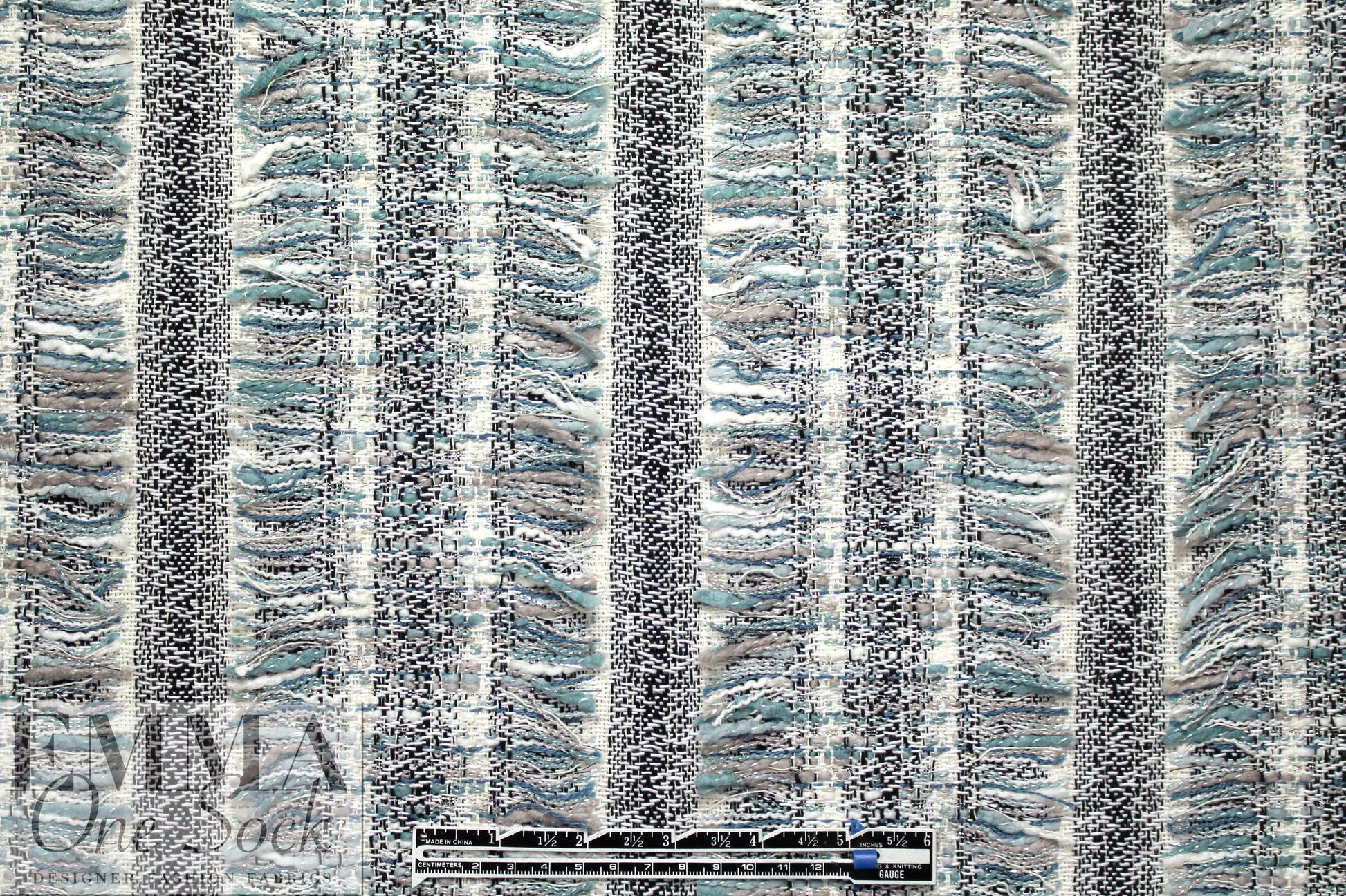 Chane1 fringed stripe boucle' - cloudy blue/black/cream 1 yard