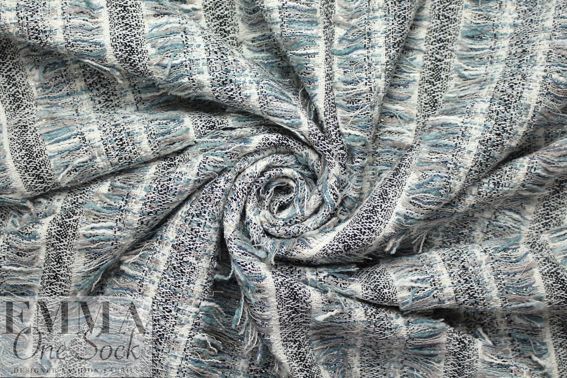 Chane1 fringed stripe boucle' - cloudy blue/black/cream 1 yard