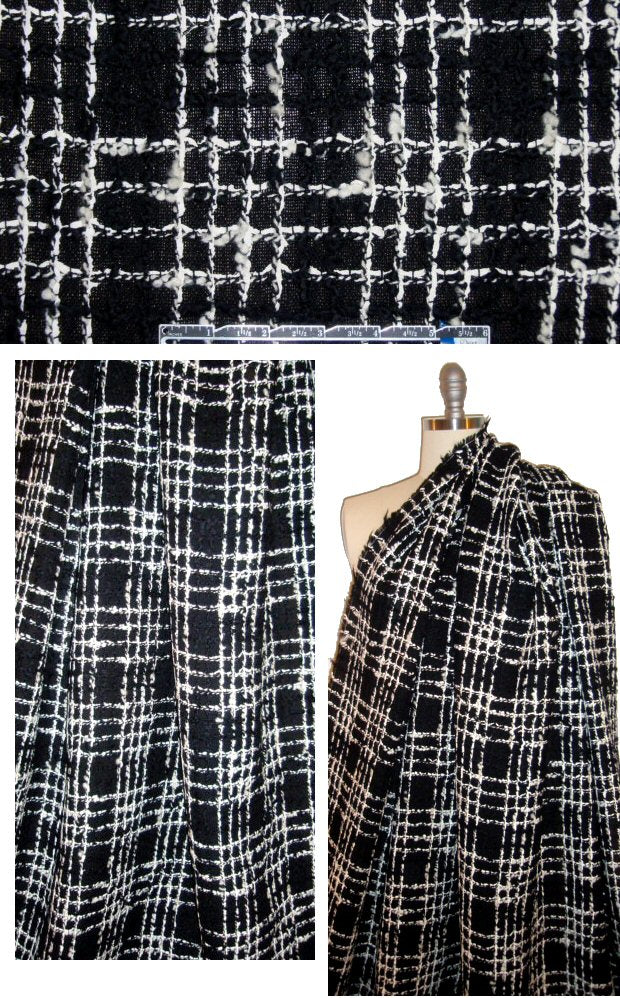 Chanel-style wool blend boucle' plaid - black/white