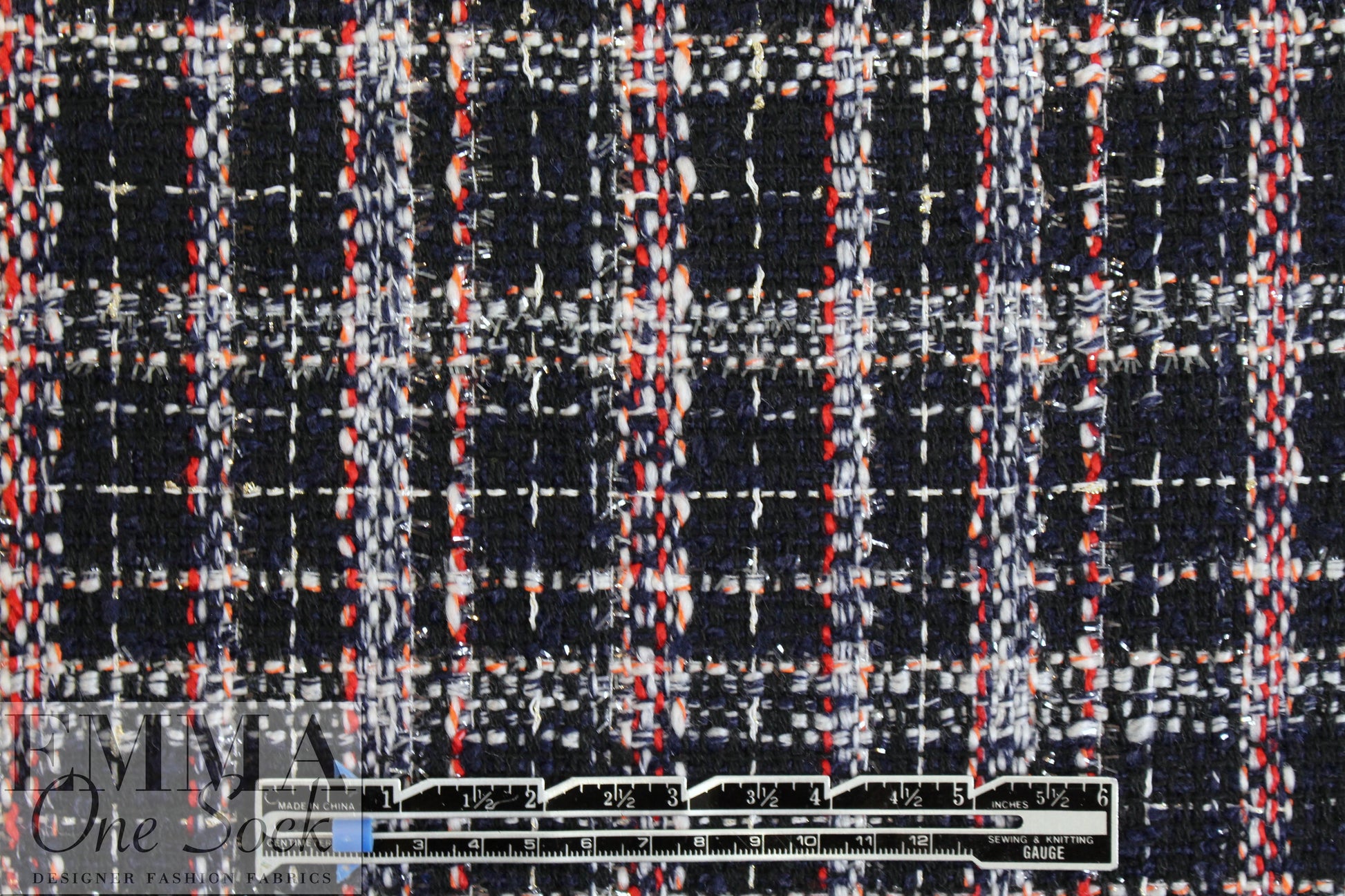 NY designer 'Chanel-style' midnight/red plaid woven