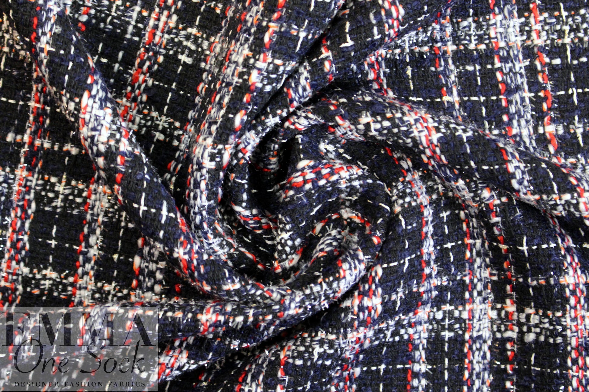 NY designer 'Chanel-style' midnight/red plaid woven