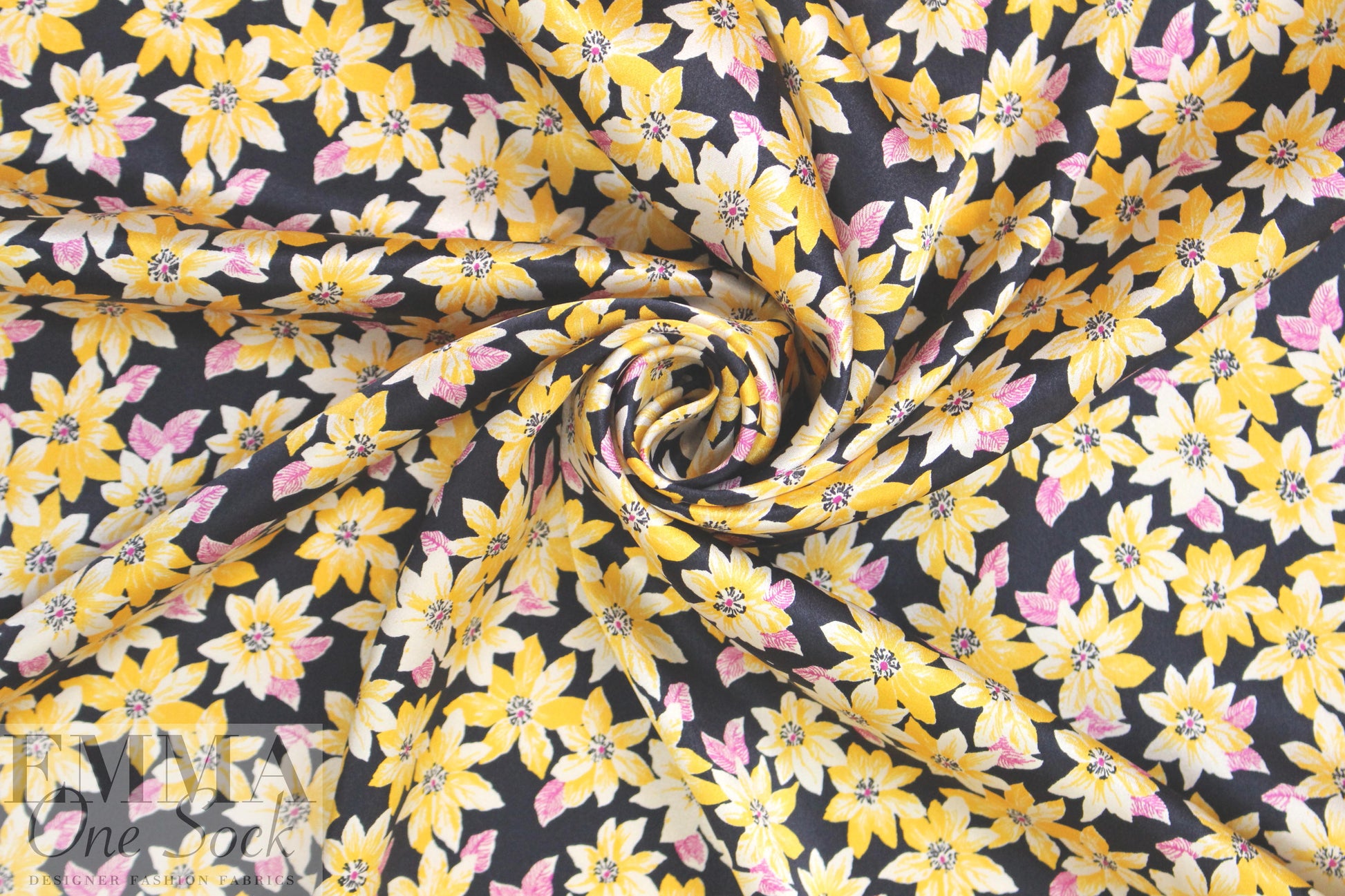NY designer citrine/midnight floral silk charmeuse