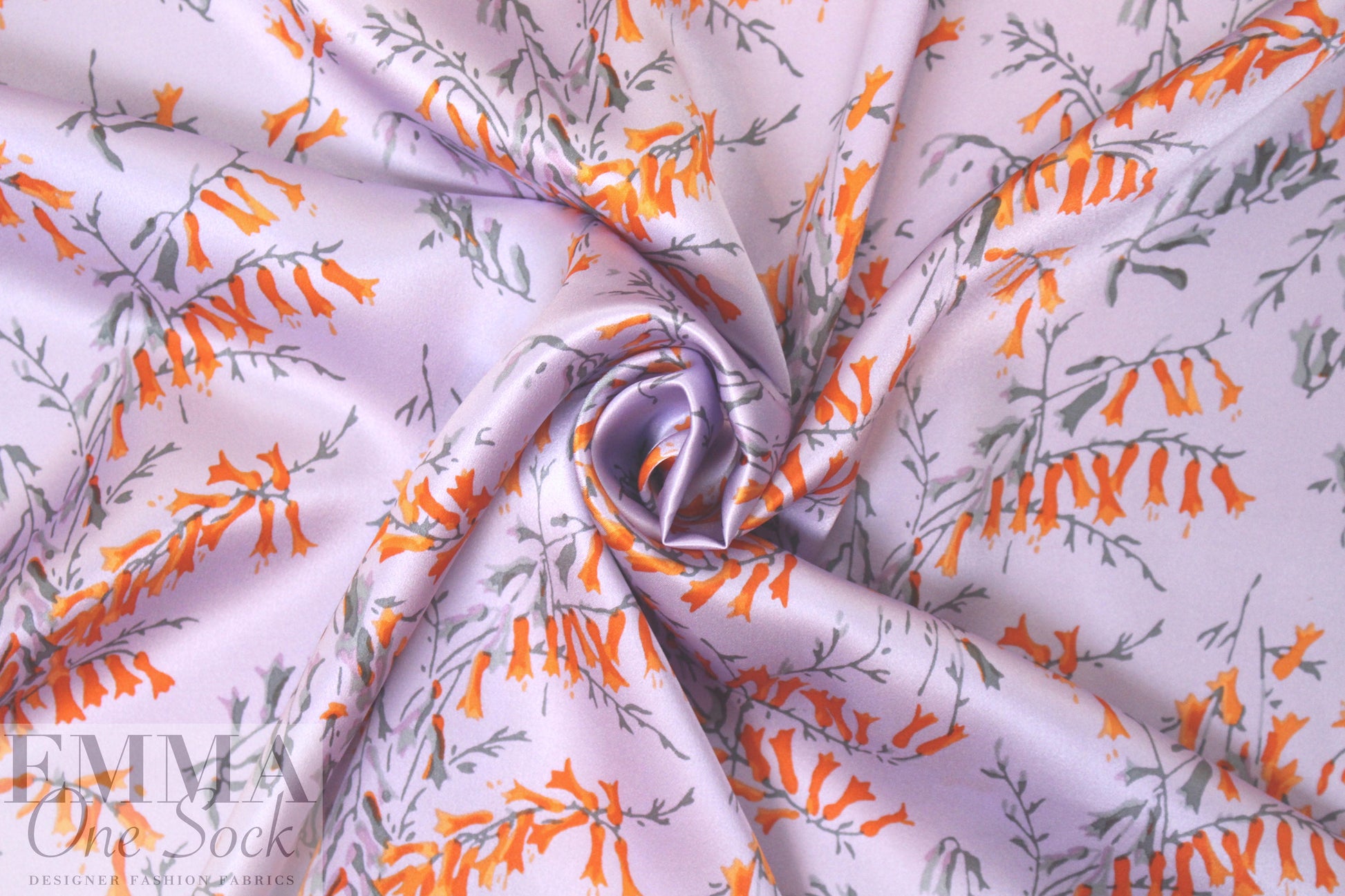 NY designer lav/tangerine floral silk charmeuse