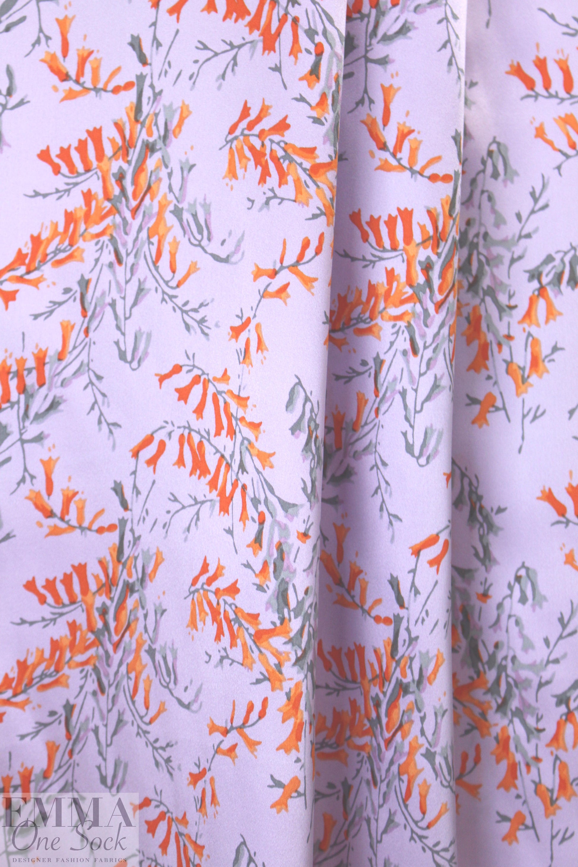 NY designer lav/tangerine floral silk charmeuse
