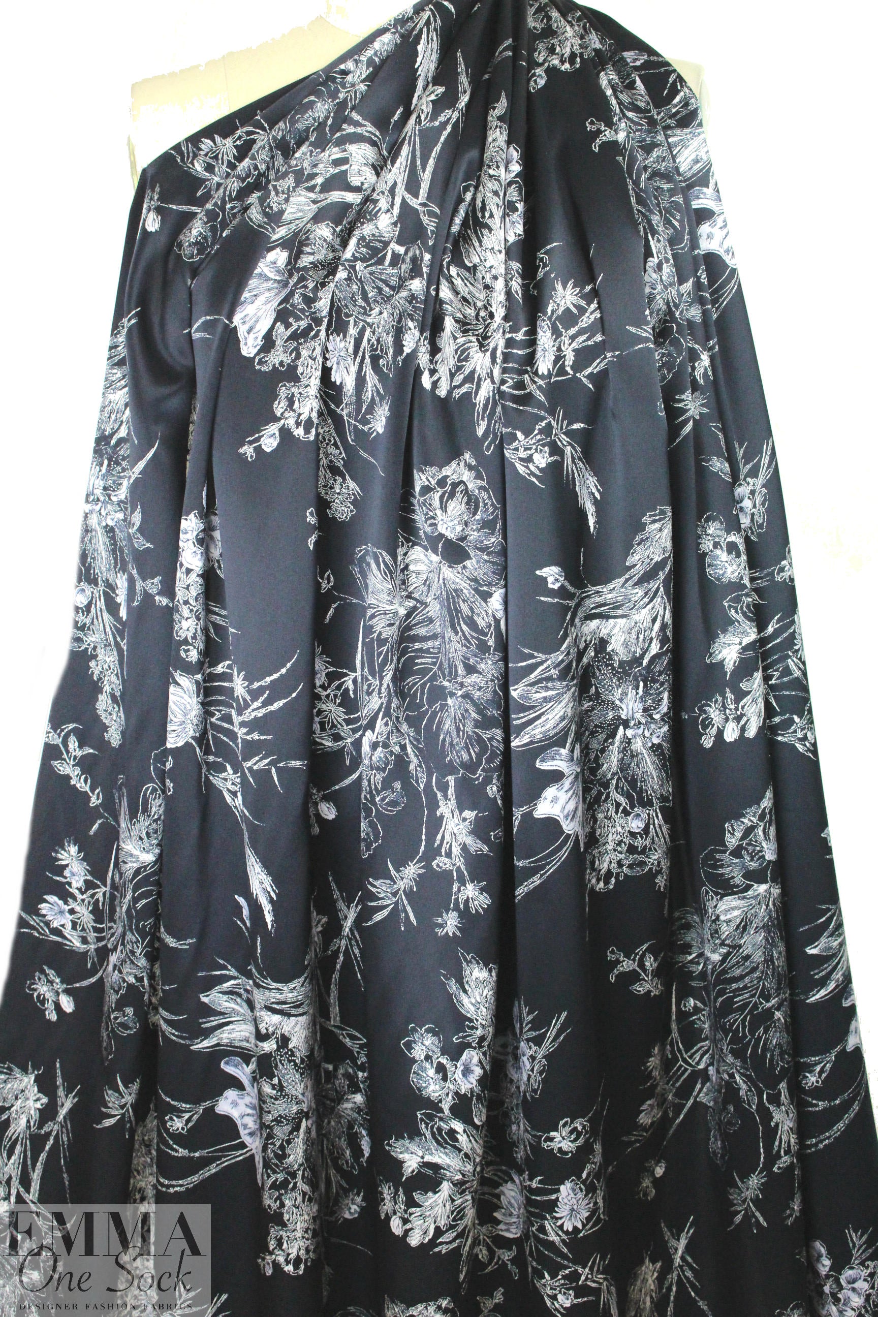 NY designer delicate navy floral silk charmeuse 1.66 yds