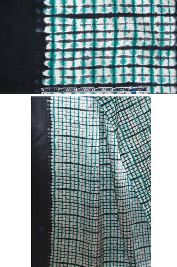 NY designer teal/black grid border silk charmeuse 2 yds