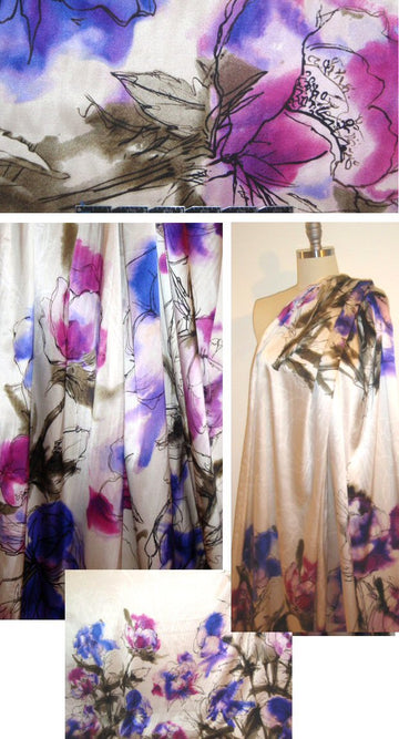 Italian painted floral panel stretch silk charmeuse