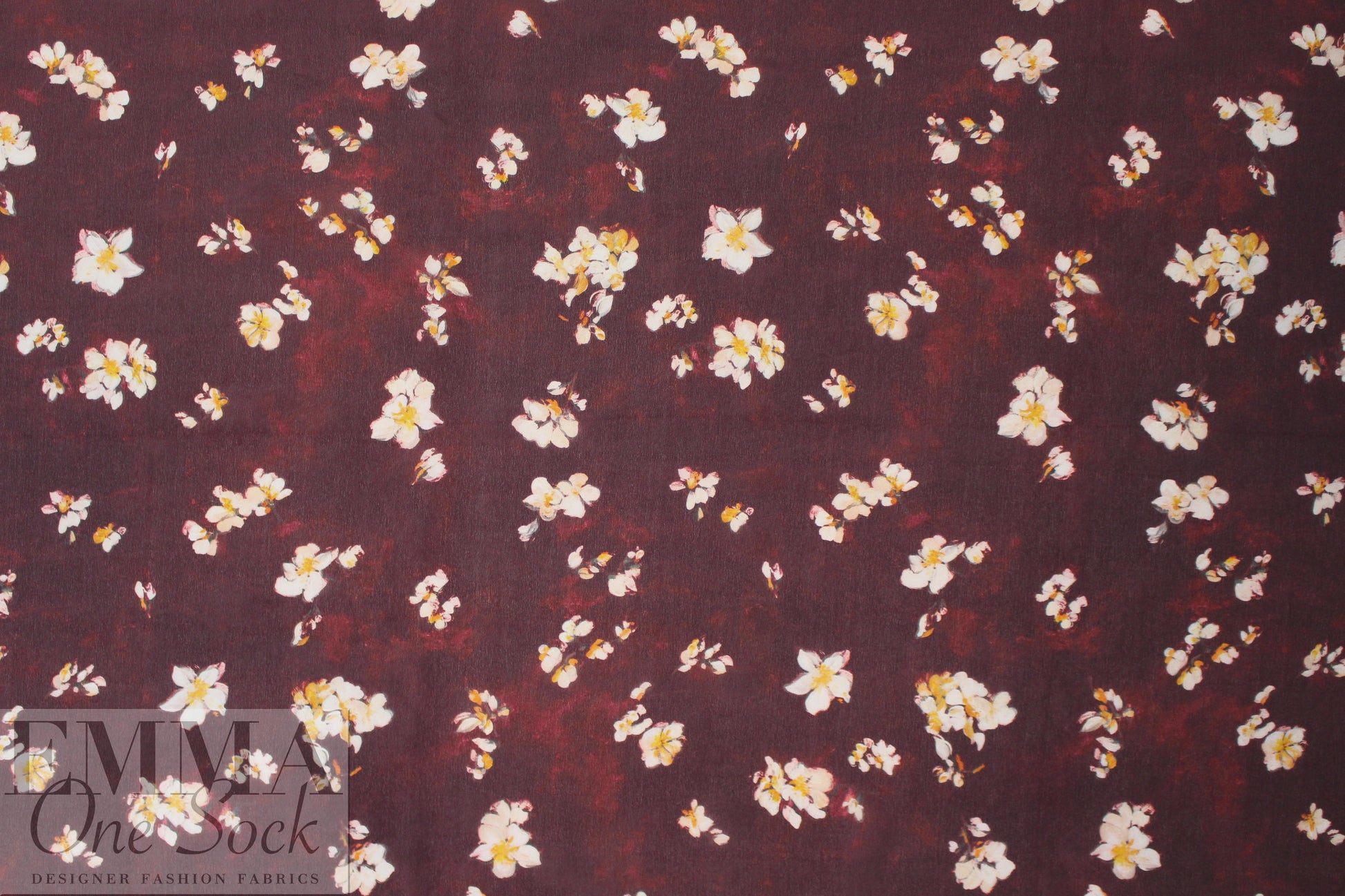 Caroline C0nstas blossoms on burgundy silk satin chiffon 1.125 yds