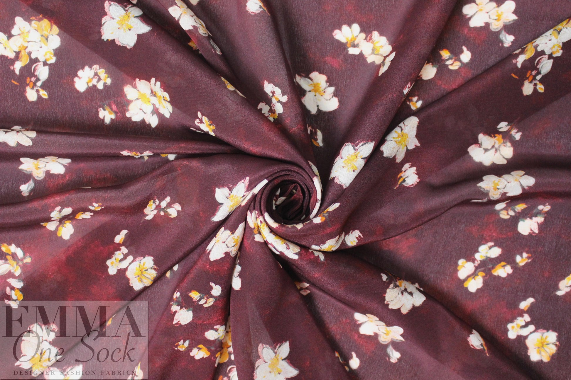 Caroline C0nstas blossoms on burgundy silk satin chiffon 1.125 yds