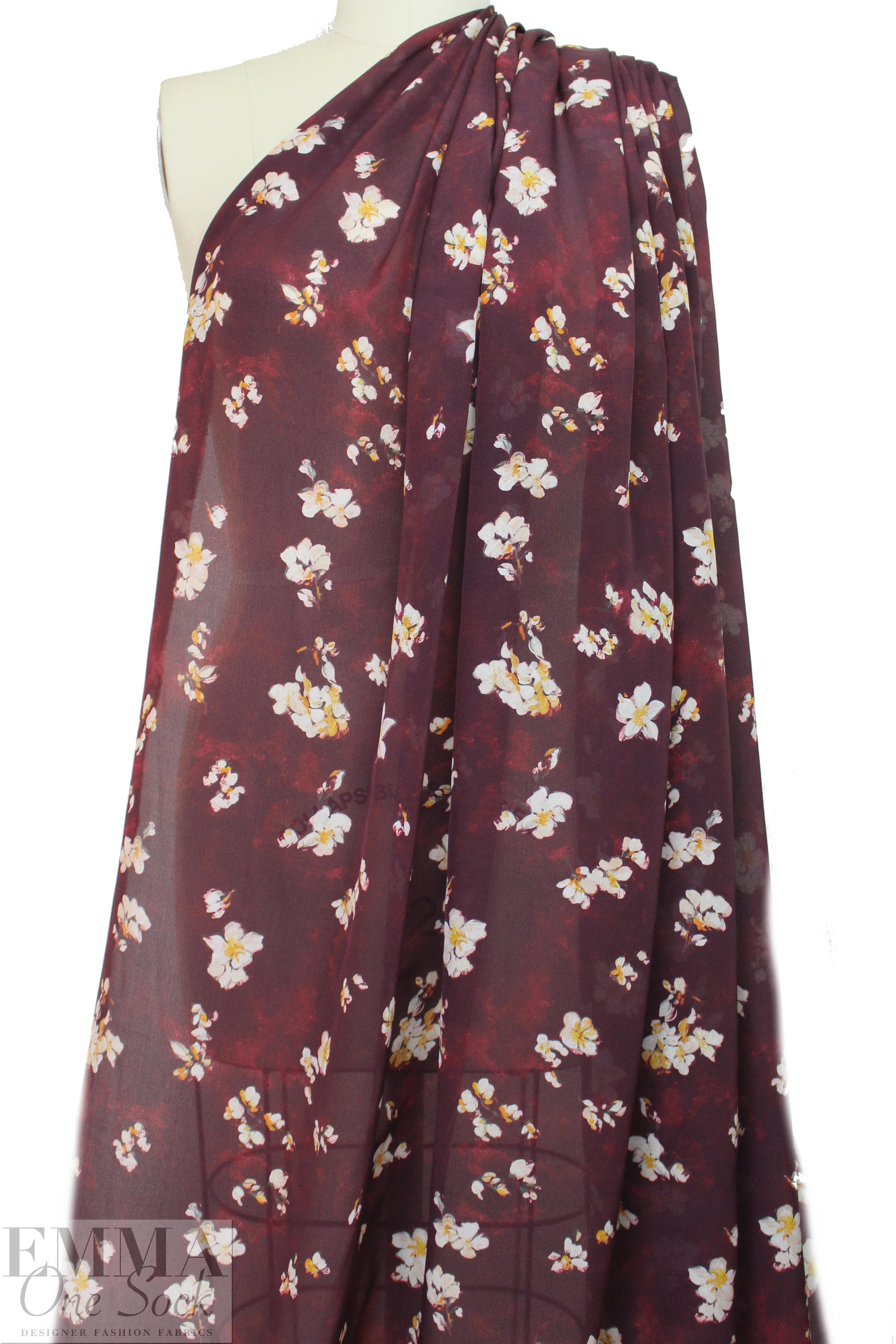 Caroline C0nstas blossoms on burgundy silk satin chiffon 1.125 yds