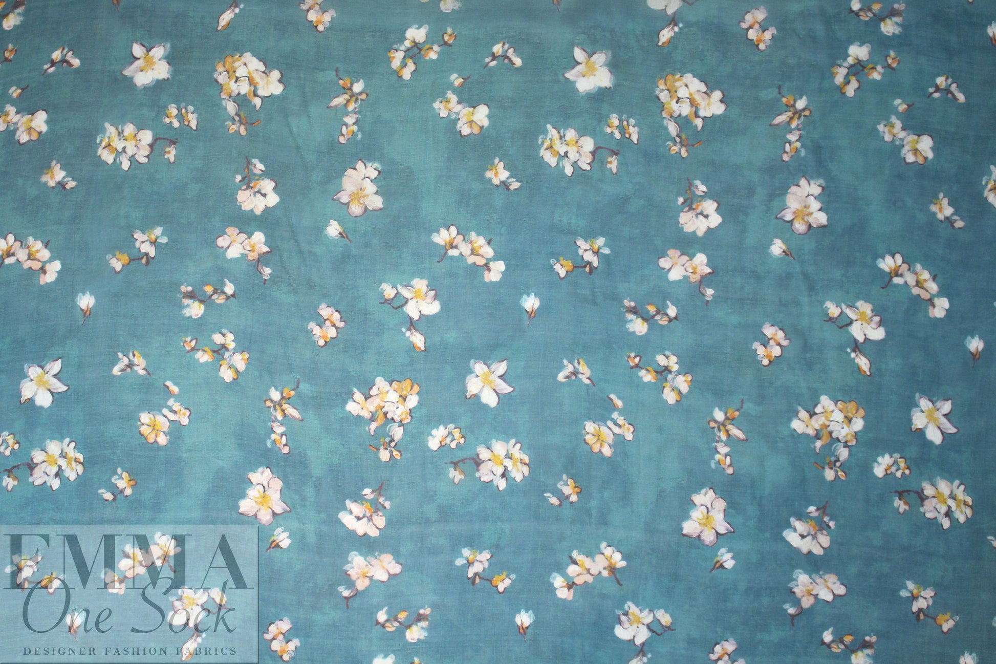 Caroline C0nstas blossoms on teal silk chiffon 1.625 yds