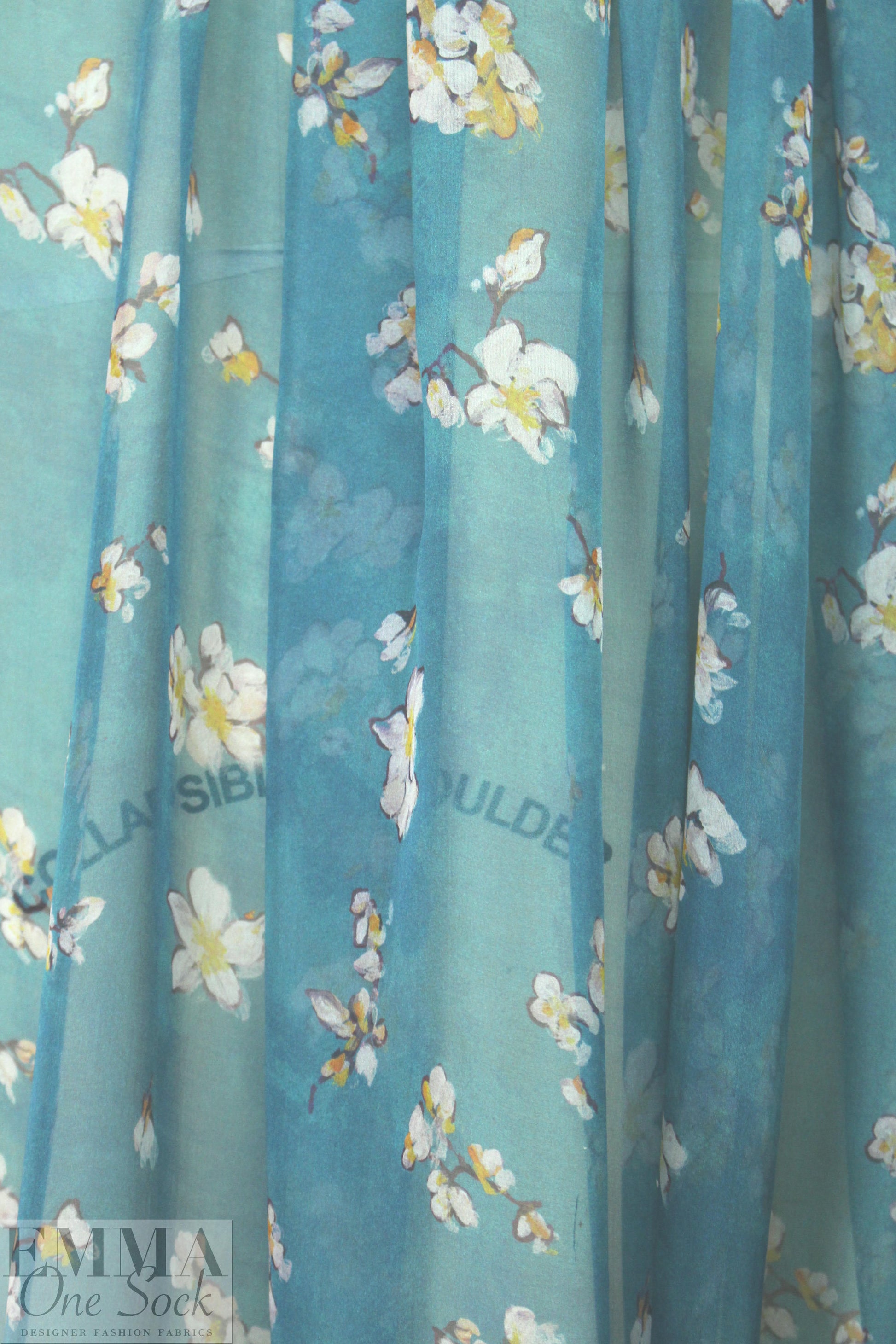 Caroline C0nstas blossoms on teal silk chiffon