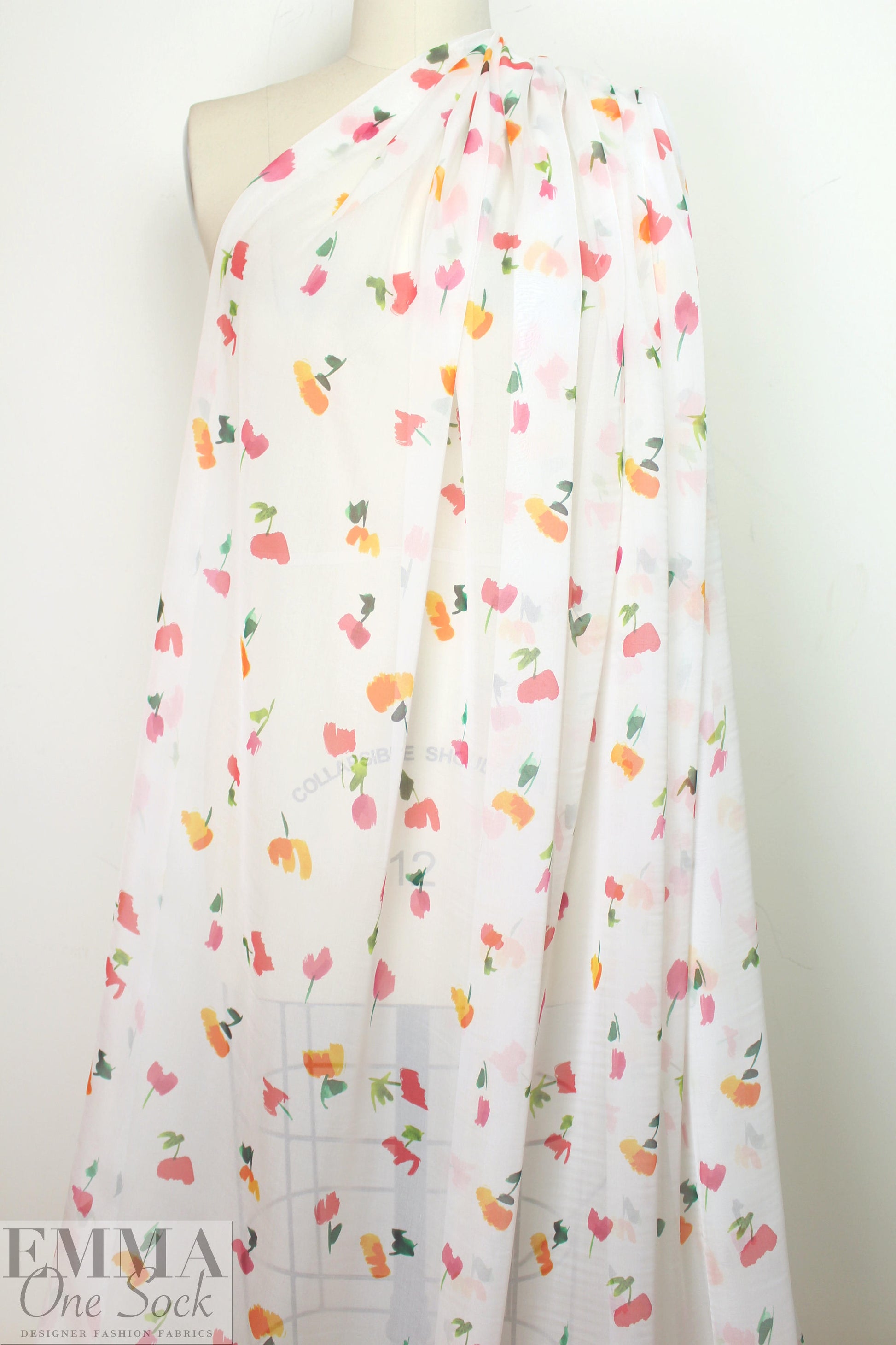 Caroline C0nstas little flowers on white silk chiffon 1.33 yd