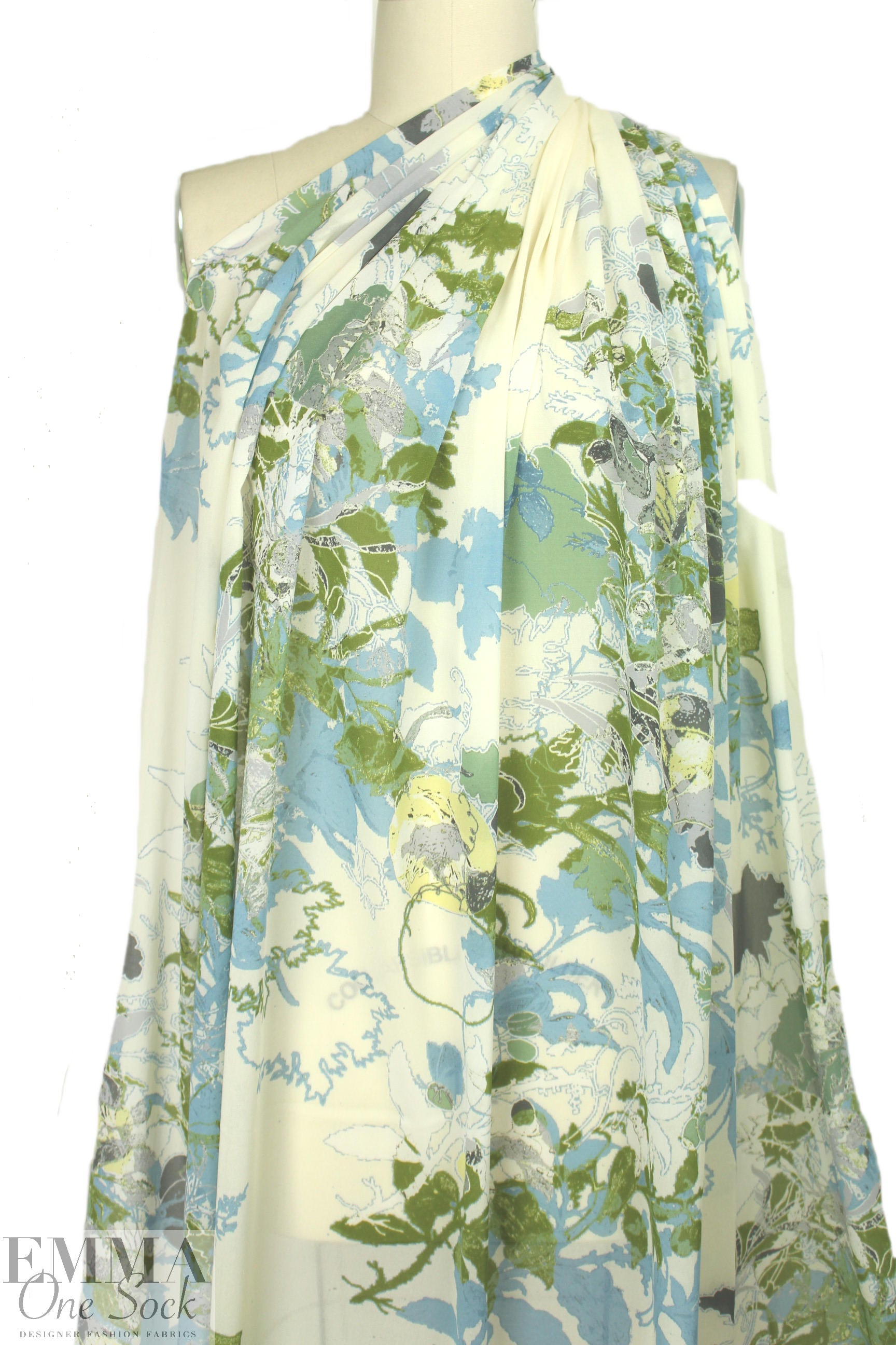 Italian olive/dusty blue abstract stretch silk chiffon 2 yds