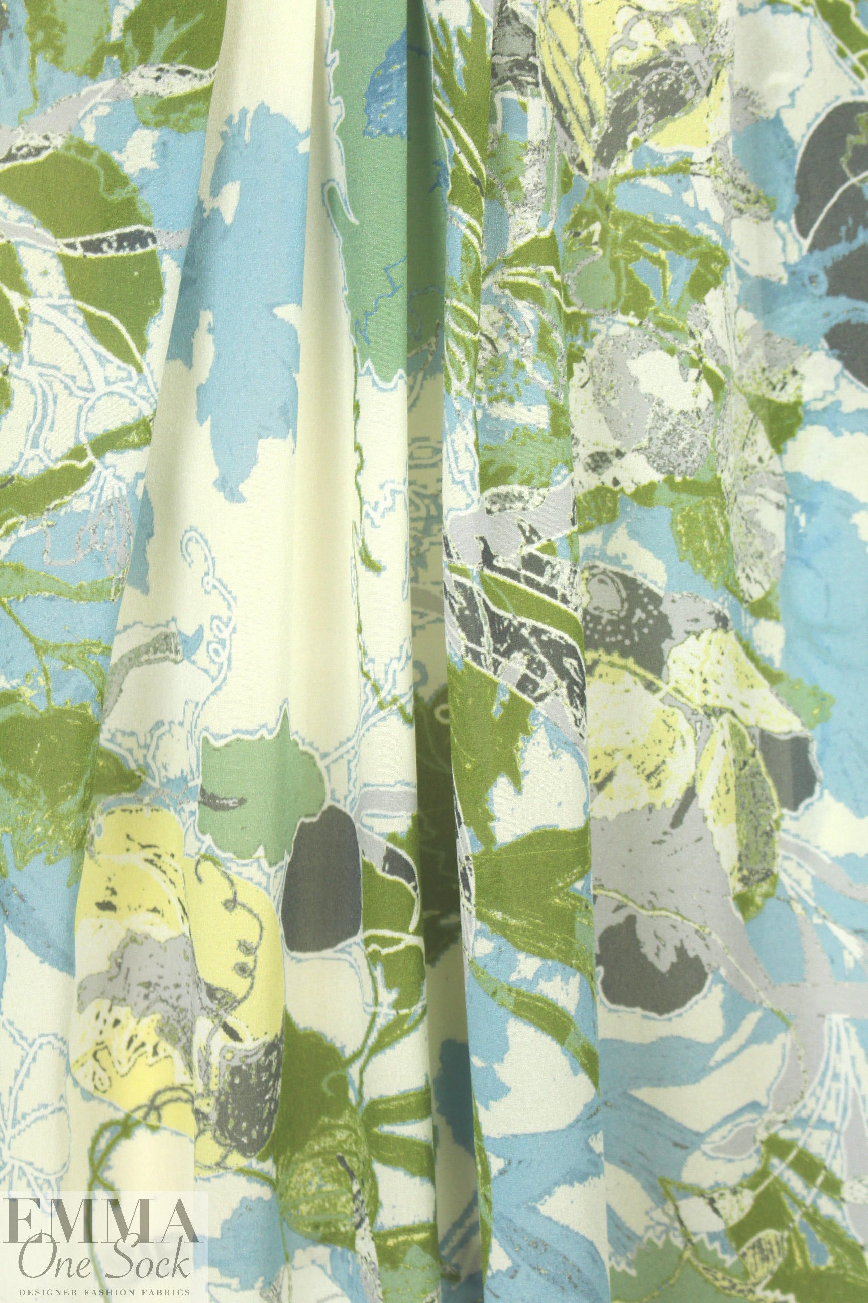 Italian olive/dusty blue abstract stretch silk chiffon 1.33 yds
