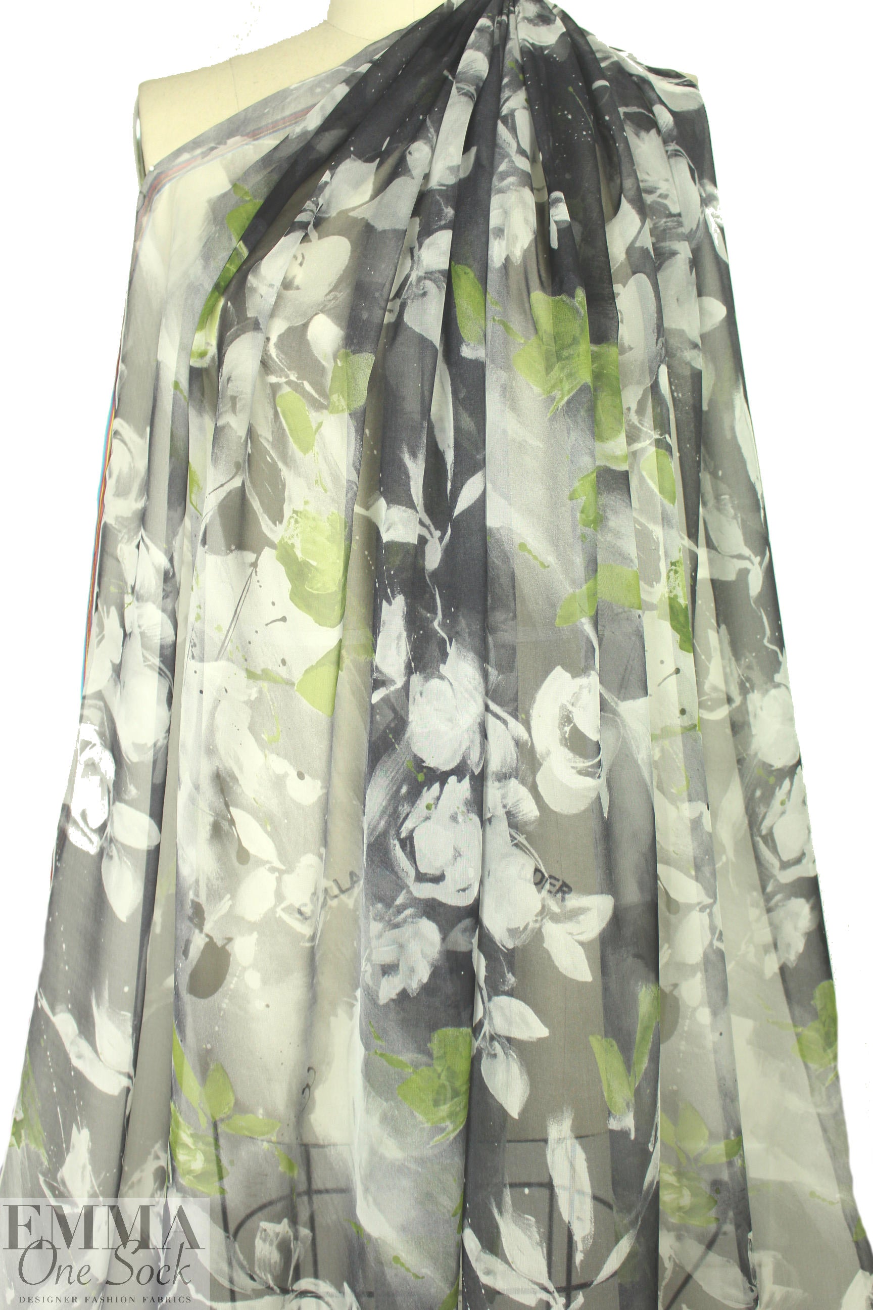 Italian green/gray floral abstract silk chiffon