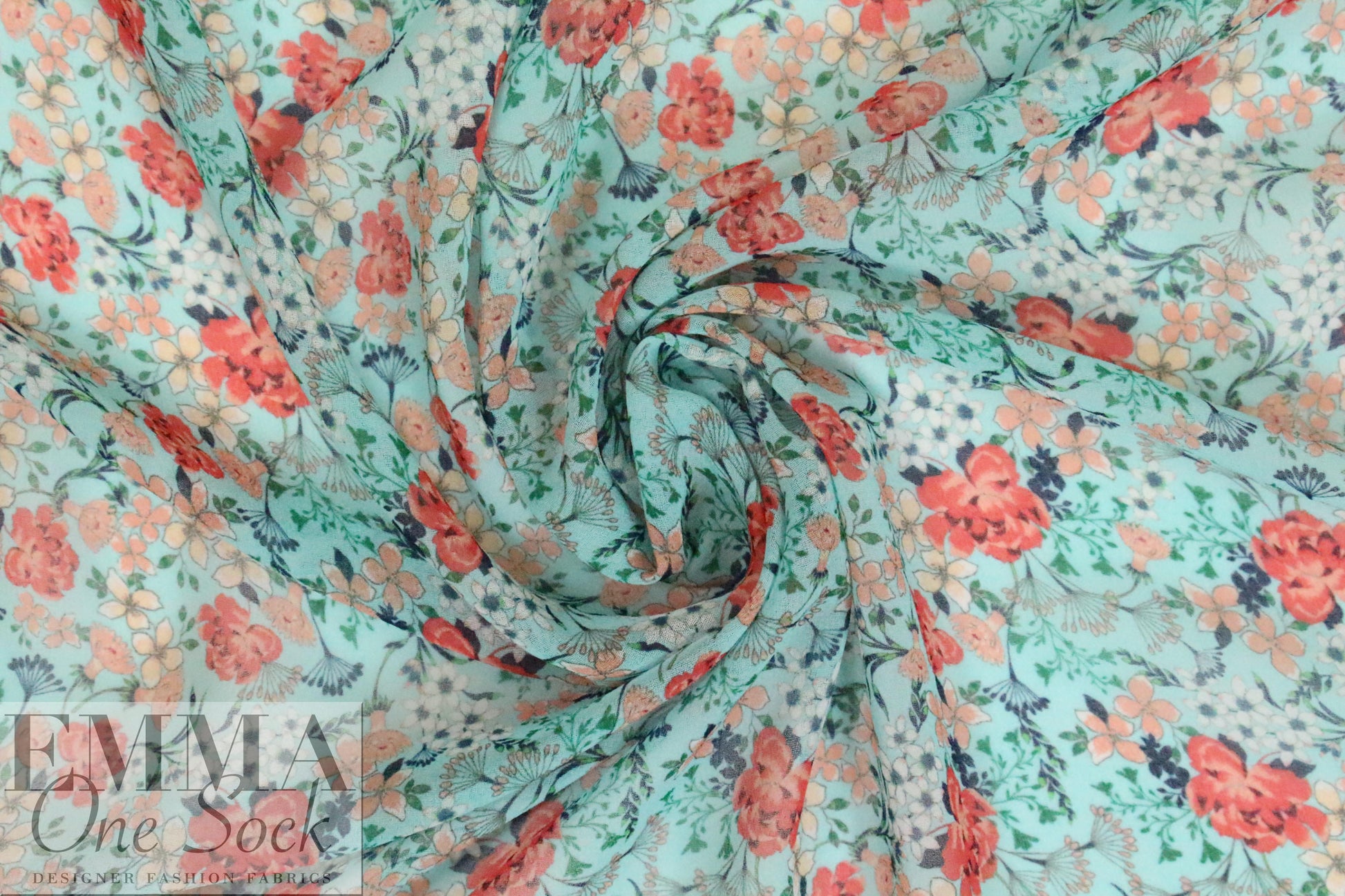 NY designer minty floral print polysilk chiffon