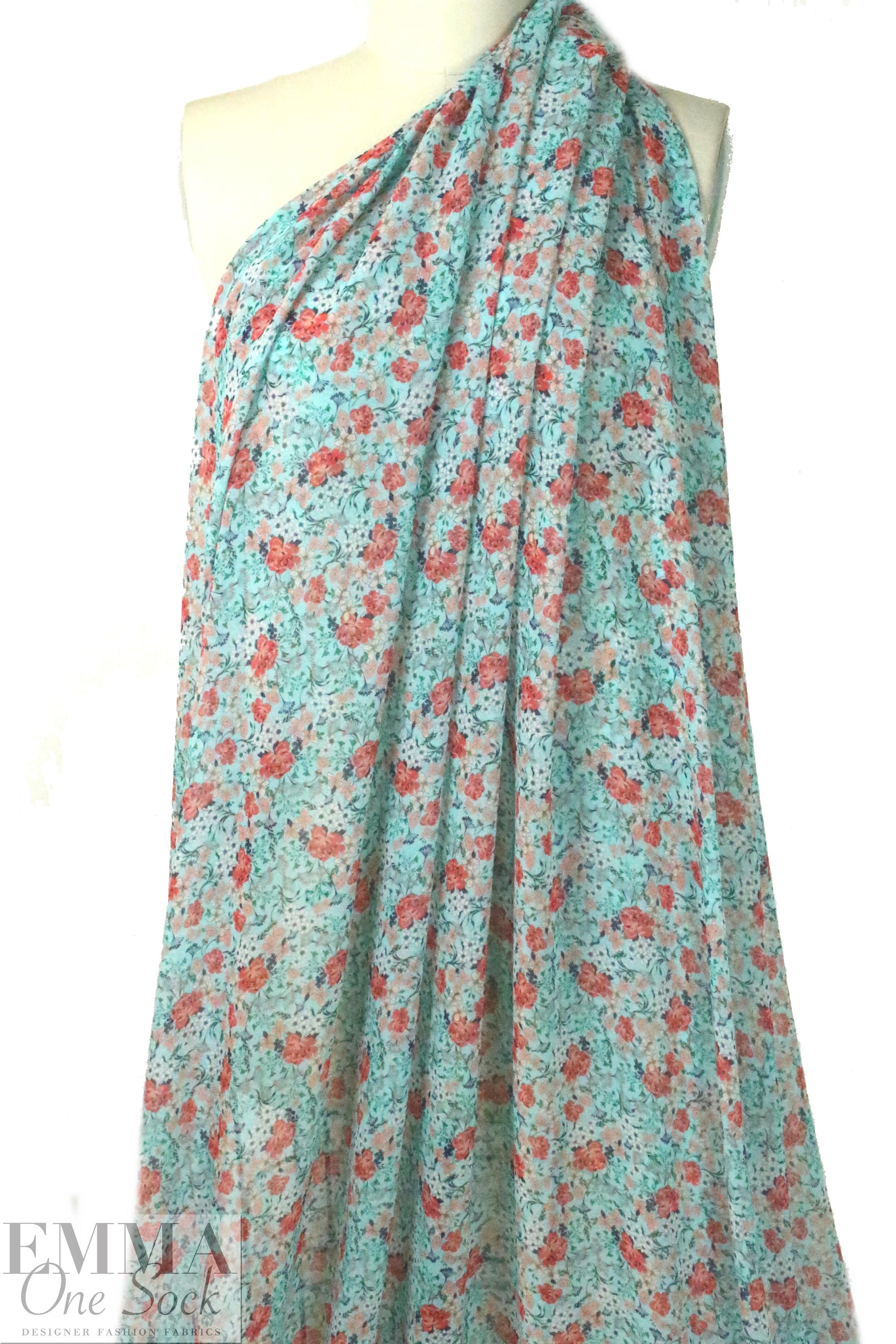 NY designer minty floral print polysilk chiffon
