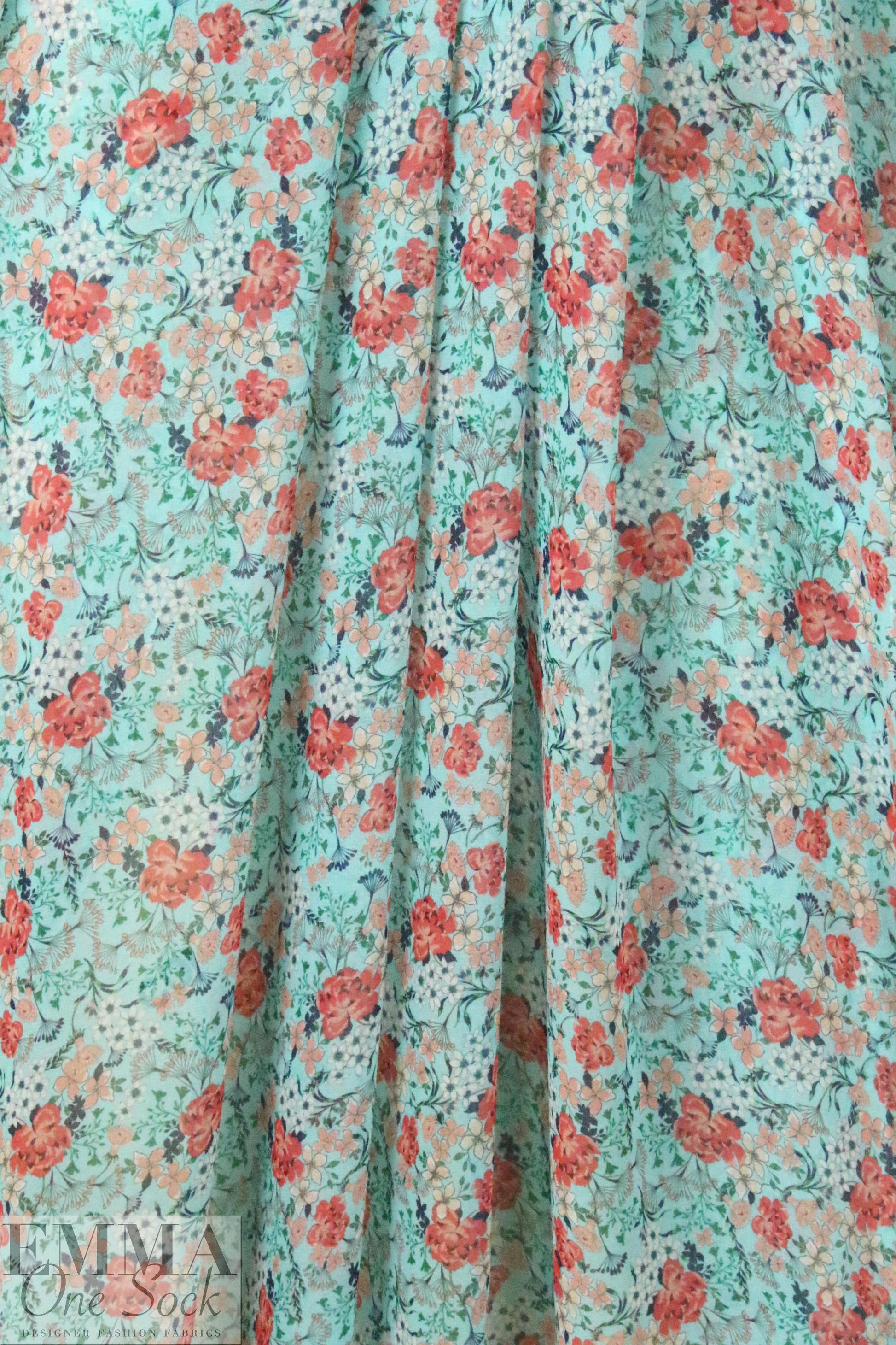 NY designer minty floral print polysilk chiffon