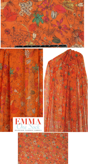 NY designer tangerine floral print polysilk chiffon