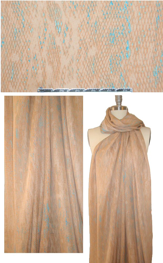 NY designer peach/turquoise reptile silk georgette 1.33 yd