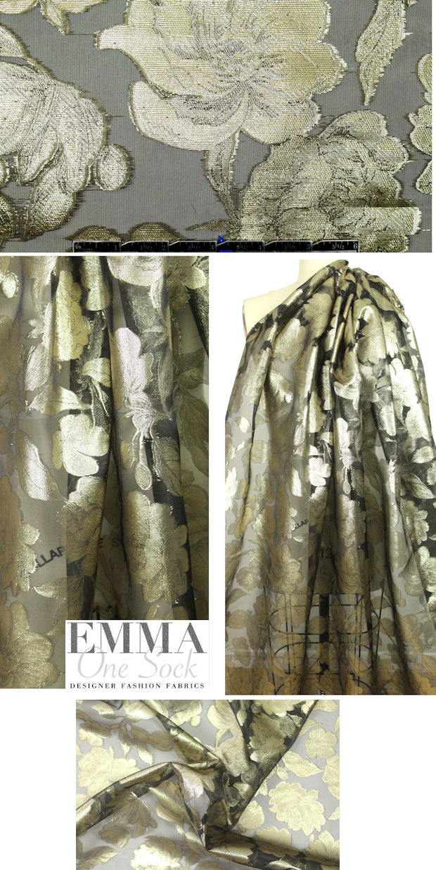clipped floral organza metallic sheer - gold 1.625 yd