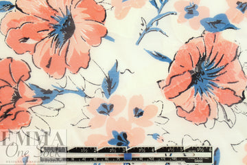 NY designer peach/blue floral printed clipped jacquard
