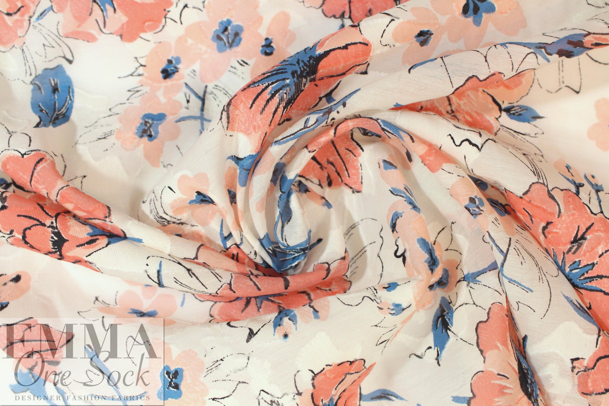 NY designer peach/blue floral printed clipped jacquard
