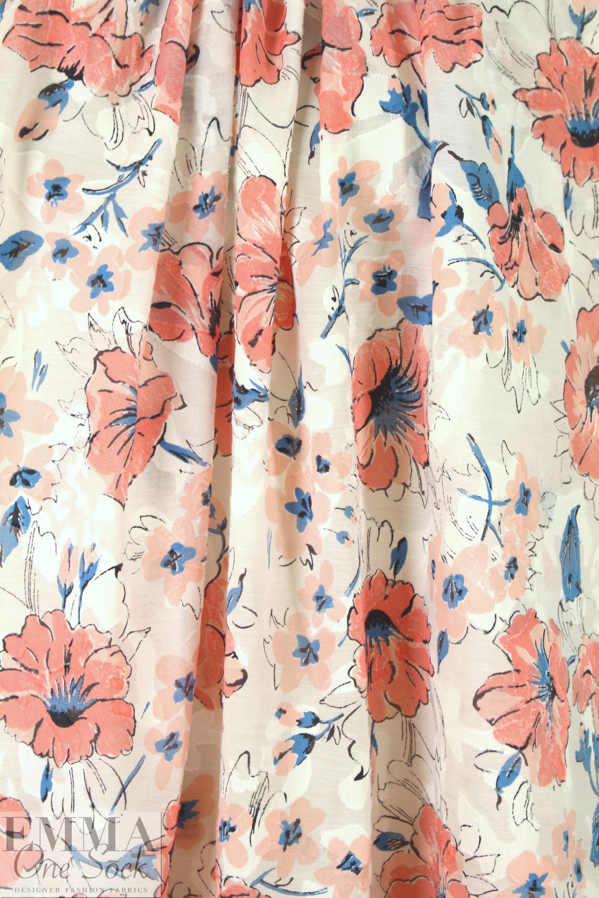 NY designer peach/blue floral printed clipped jacquard
