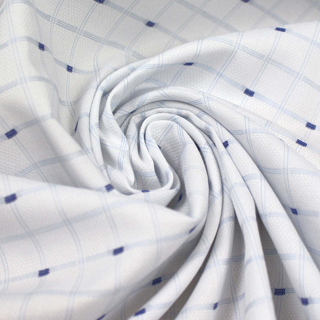 'clipped weave' check jacquard cotton shirting - blue/white