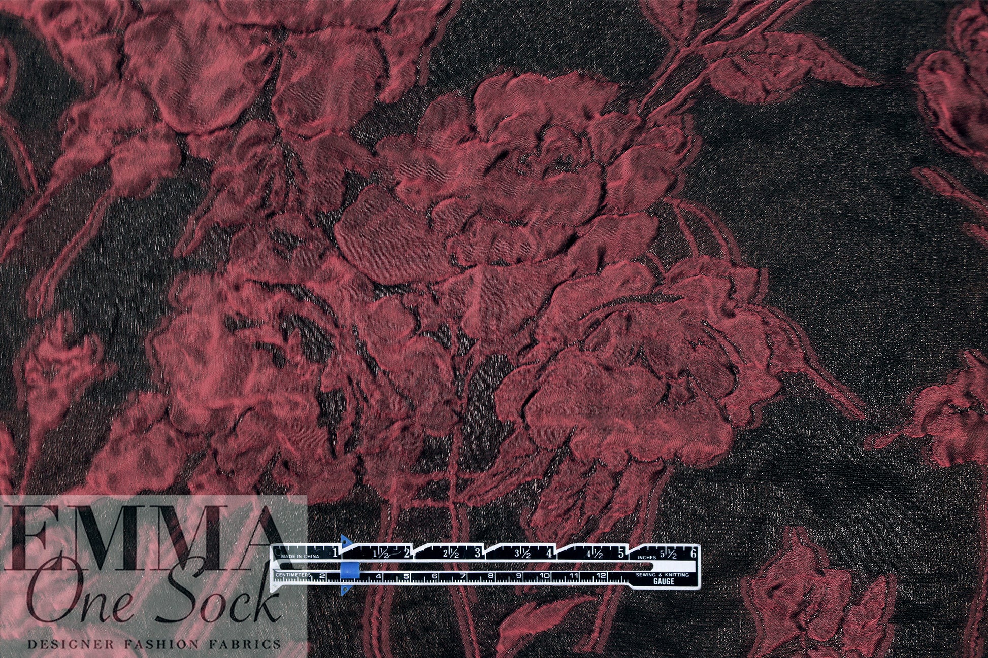 Italian merlot/black silk blend sheer floral cloque' woven 1.125 yd
