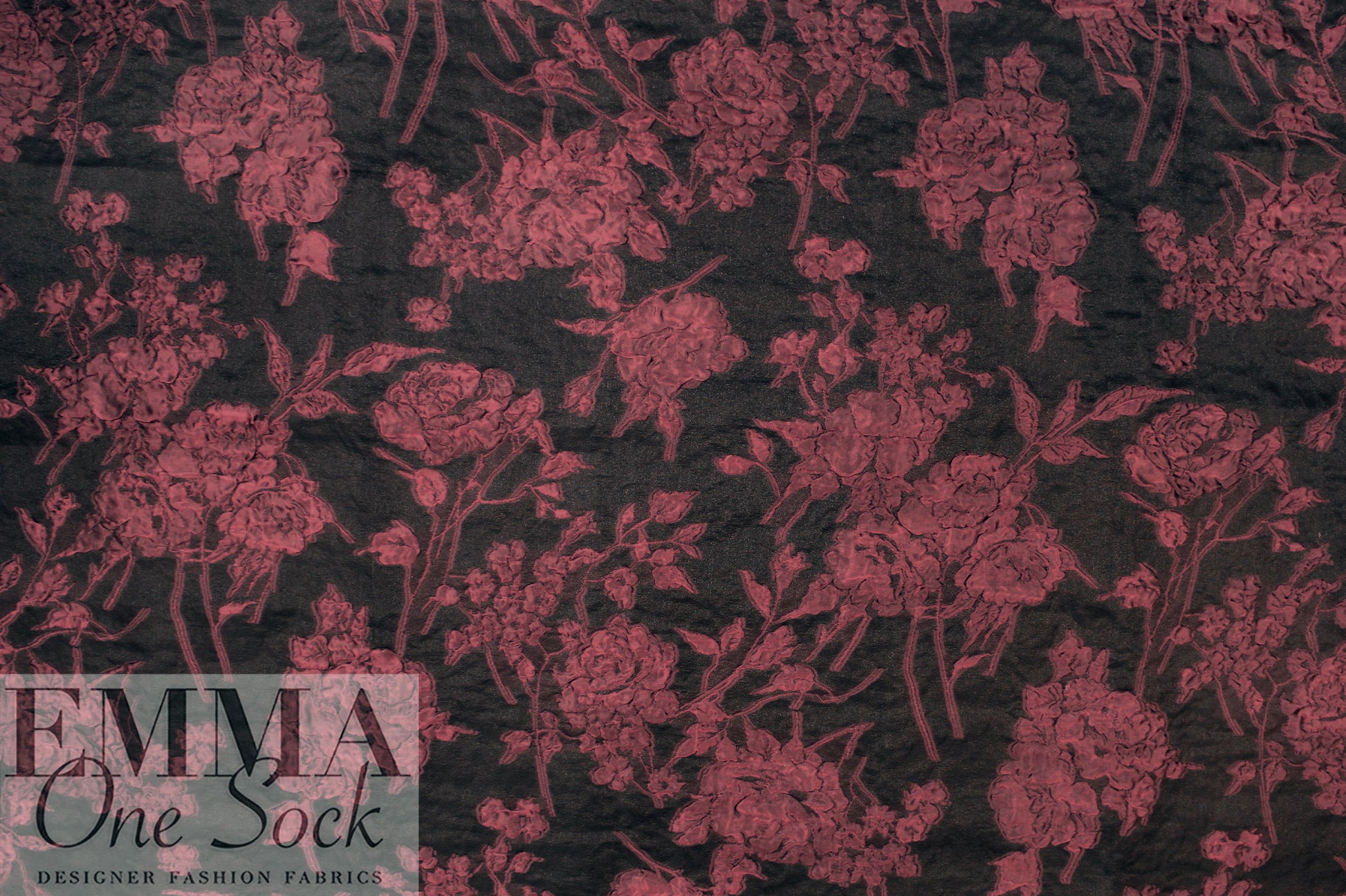 Italian merlot/black silk blend sheer floral cloque' woven 1.125 yd
