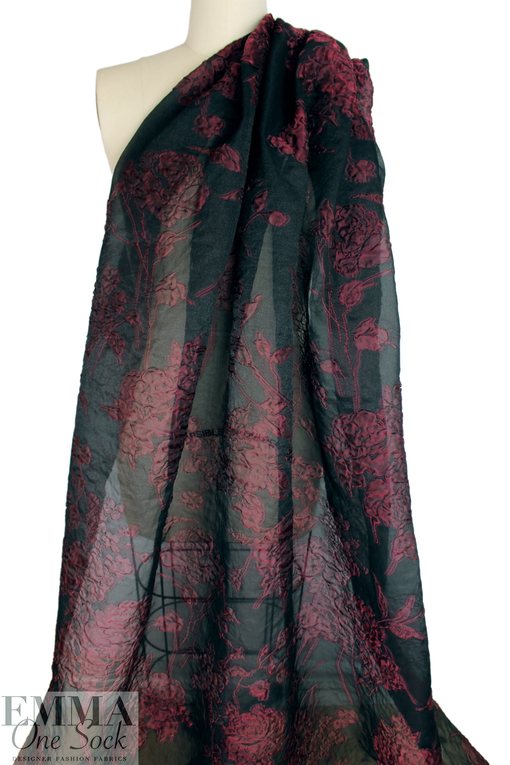 Italian merlot/black silk blend sheer floral cloque' woven 1.125 yd