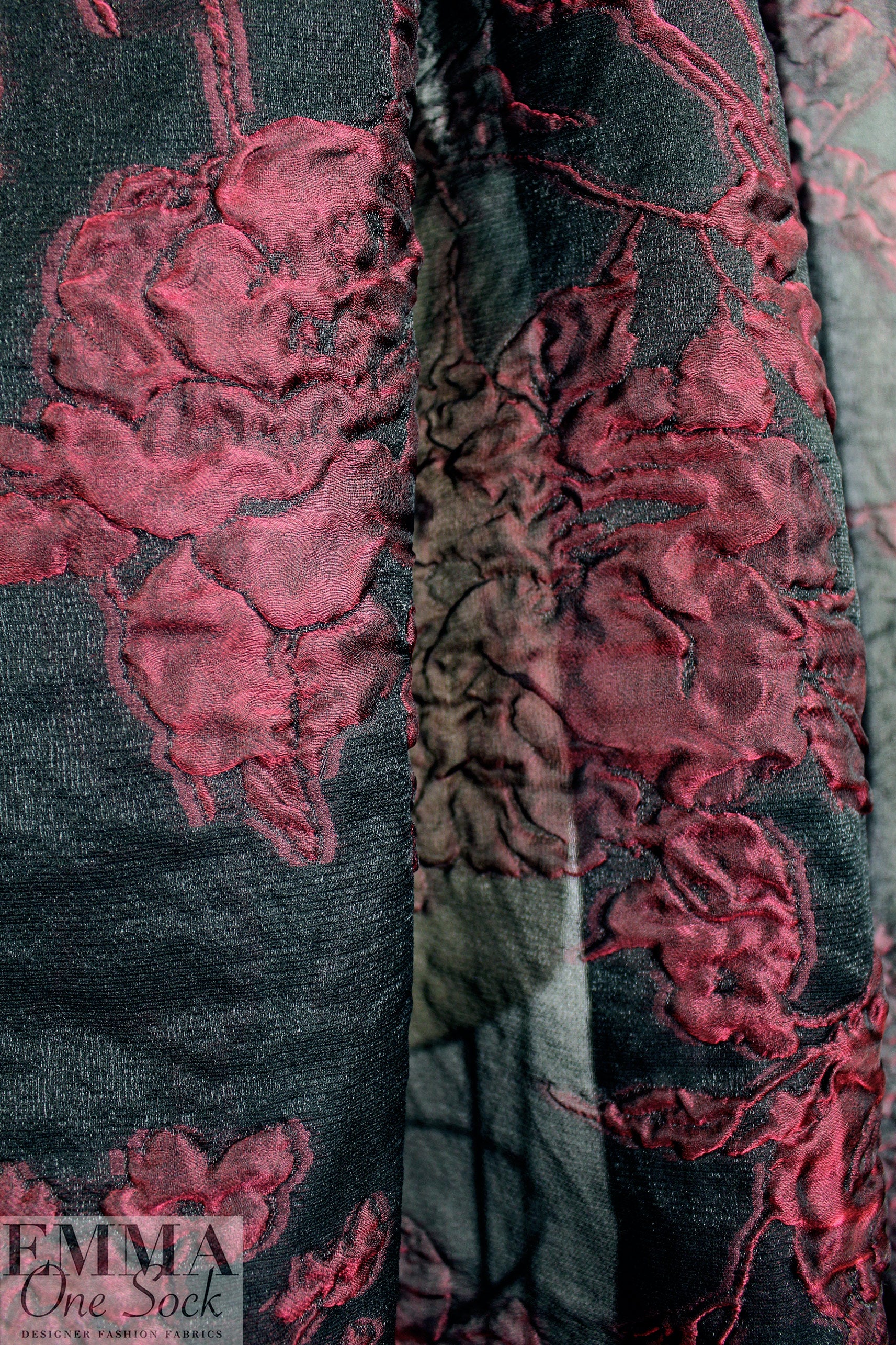 Italian merlot/black silk blend sheer floral cloque' woven 1.125 yd