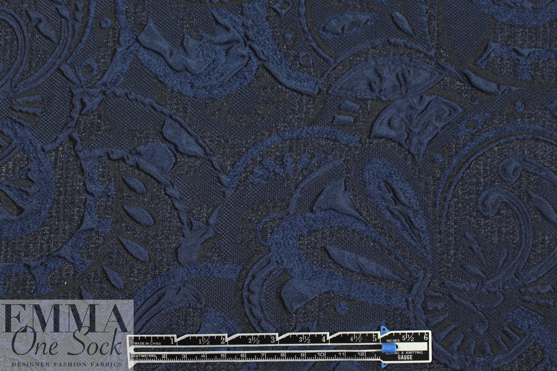 Italian navy swirl motif silk blend cloque'