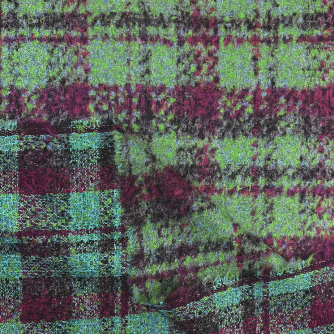 Italian 'plaid' wool/viscose blend coating - wasabi/berry 2.25 yd