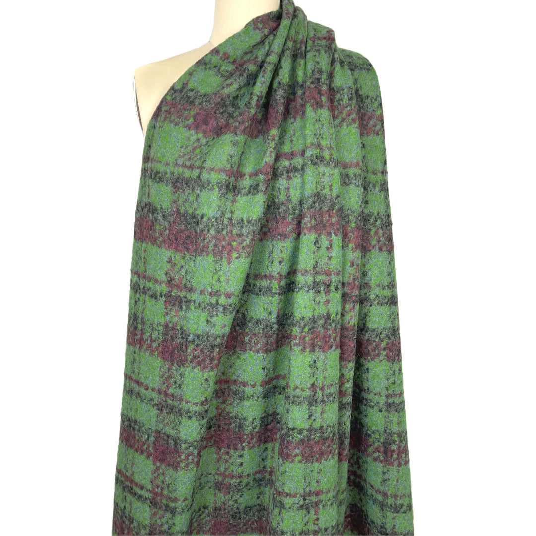 Italian 'plaid' wool/viscose blend coating - wasabi/berry 2 yd