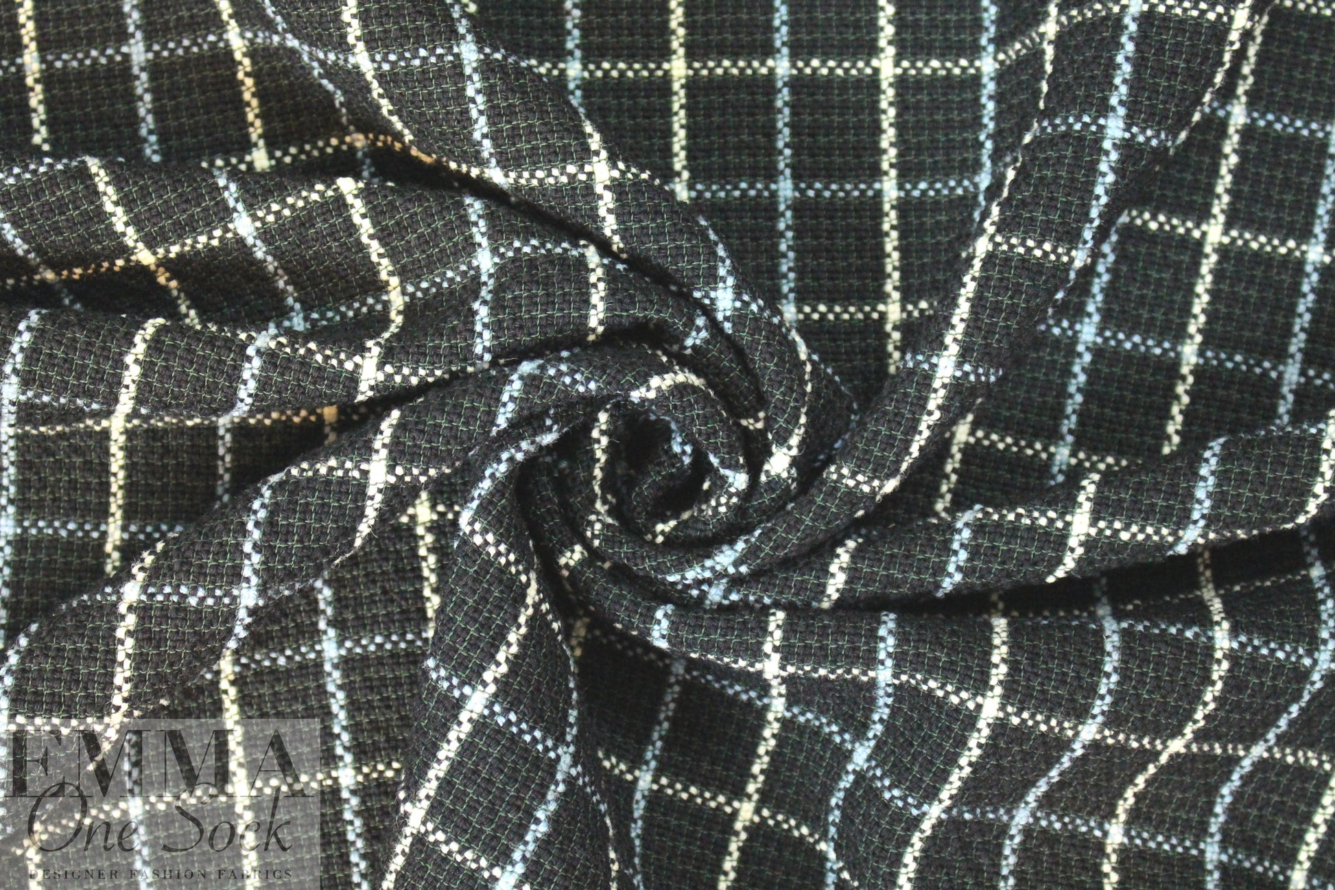 famous designer nubby wool windowpane - black/blue 2.125 yd