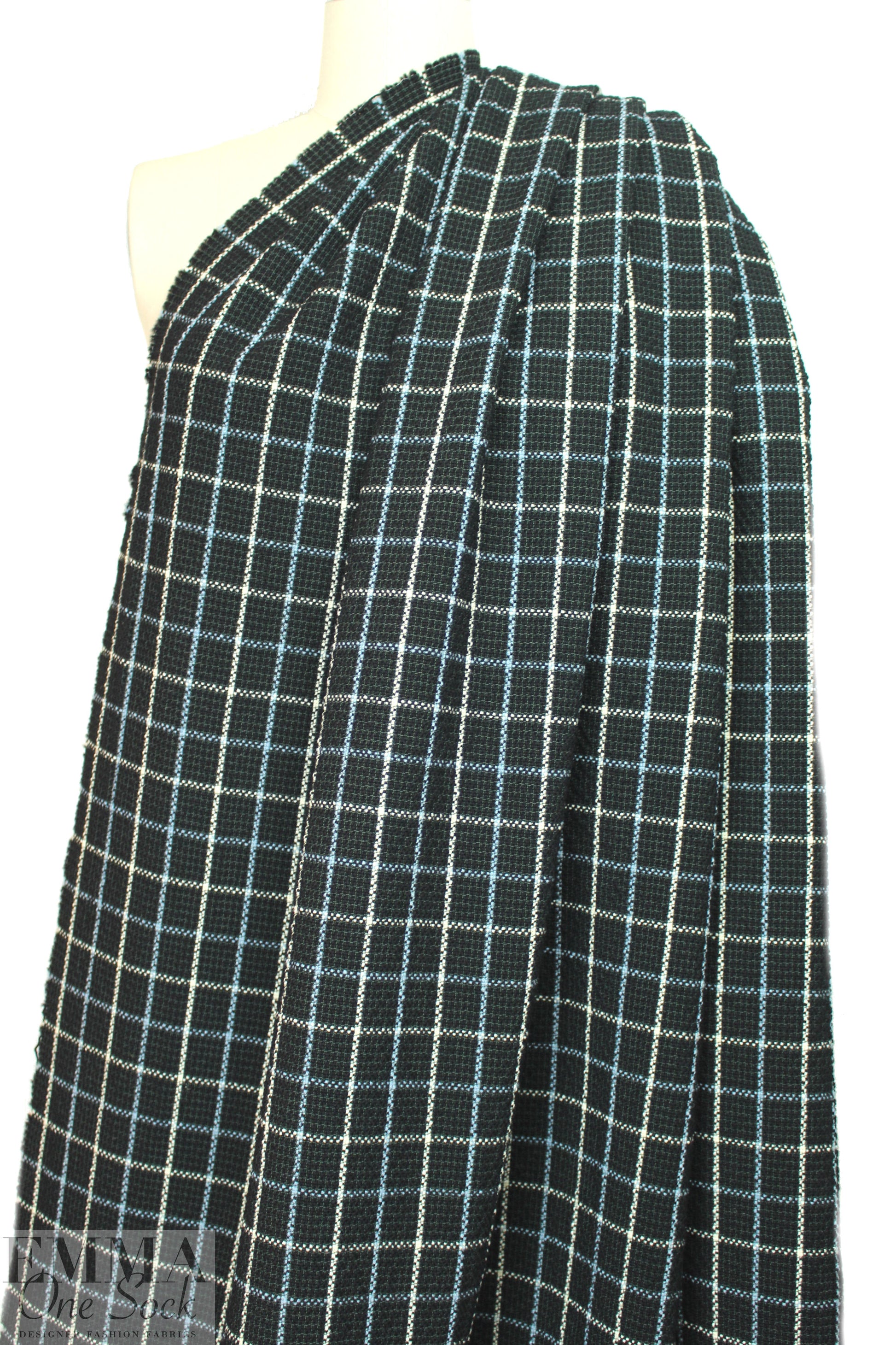 famous designer nubby wool windowpane - black/blue 1 yard