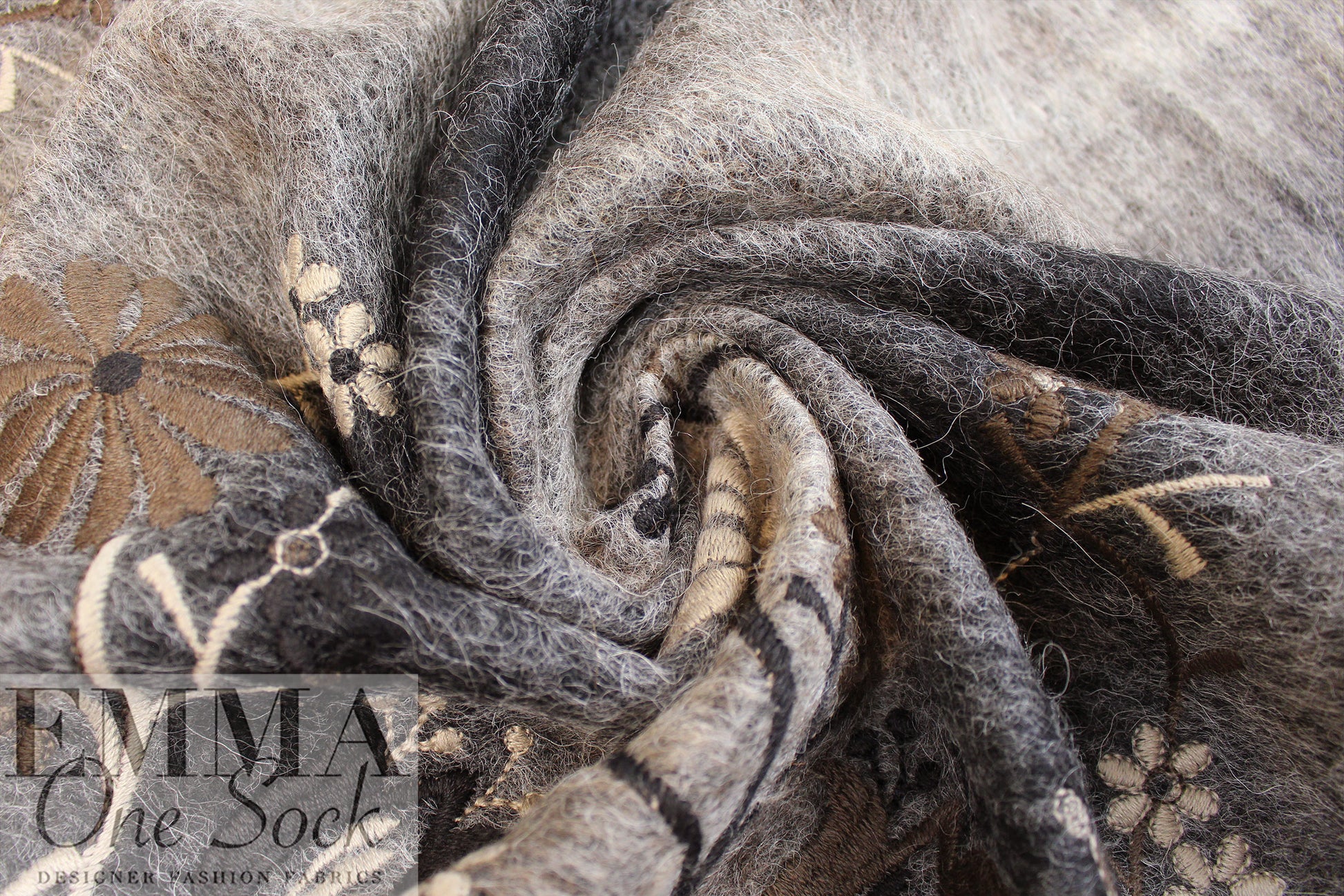 Italian wool/mohair blend embroidered coating - gray/earth 2 yd