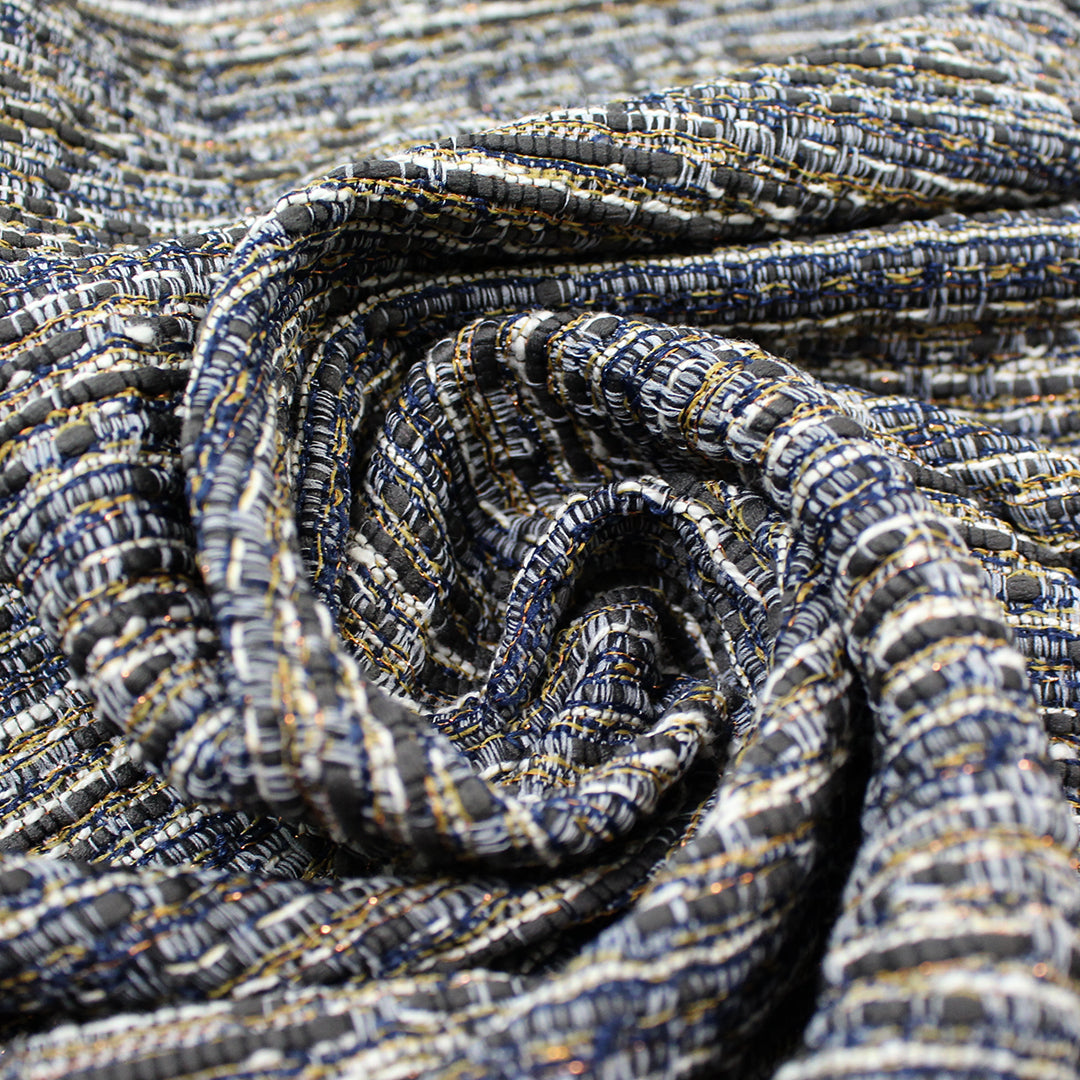 French novelty weave boucle' - indigo/walnut/metallic copper .625 yds