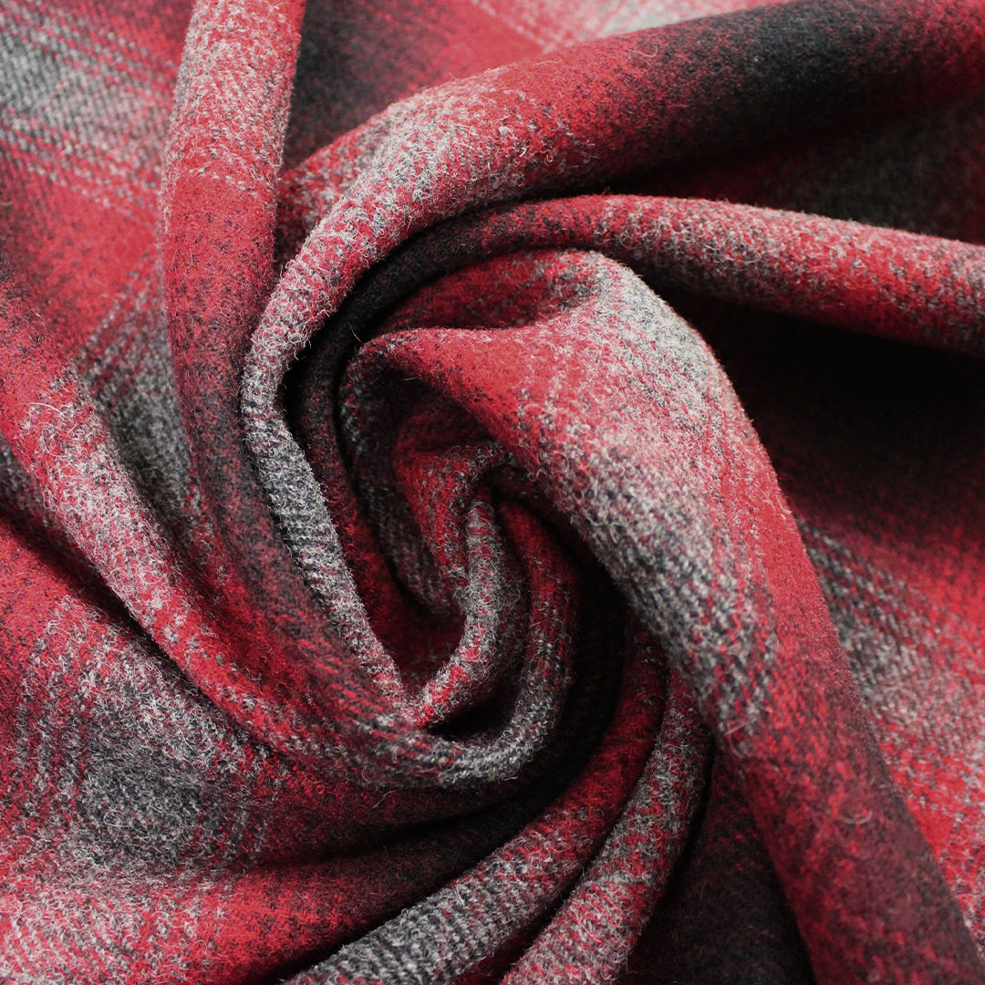 French brushed wool twill plaid coating - crimson/charcoal 2 yd