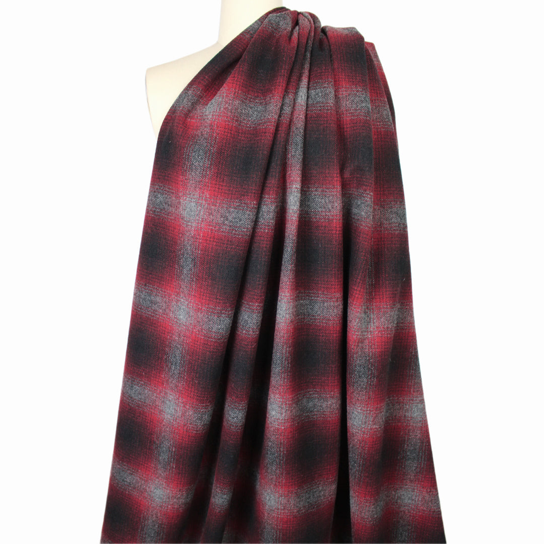 French brushed wool twill plaid coating - crimson/charcoal 2 yd