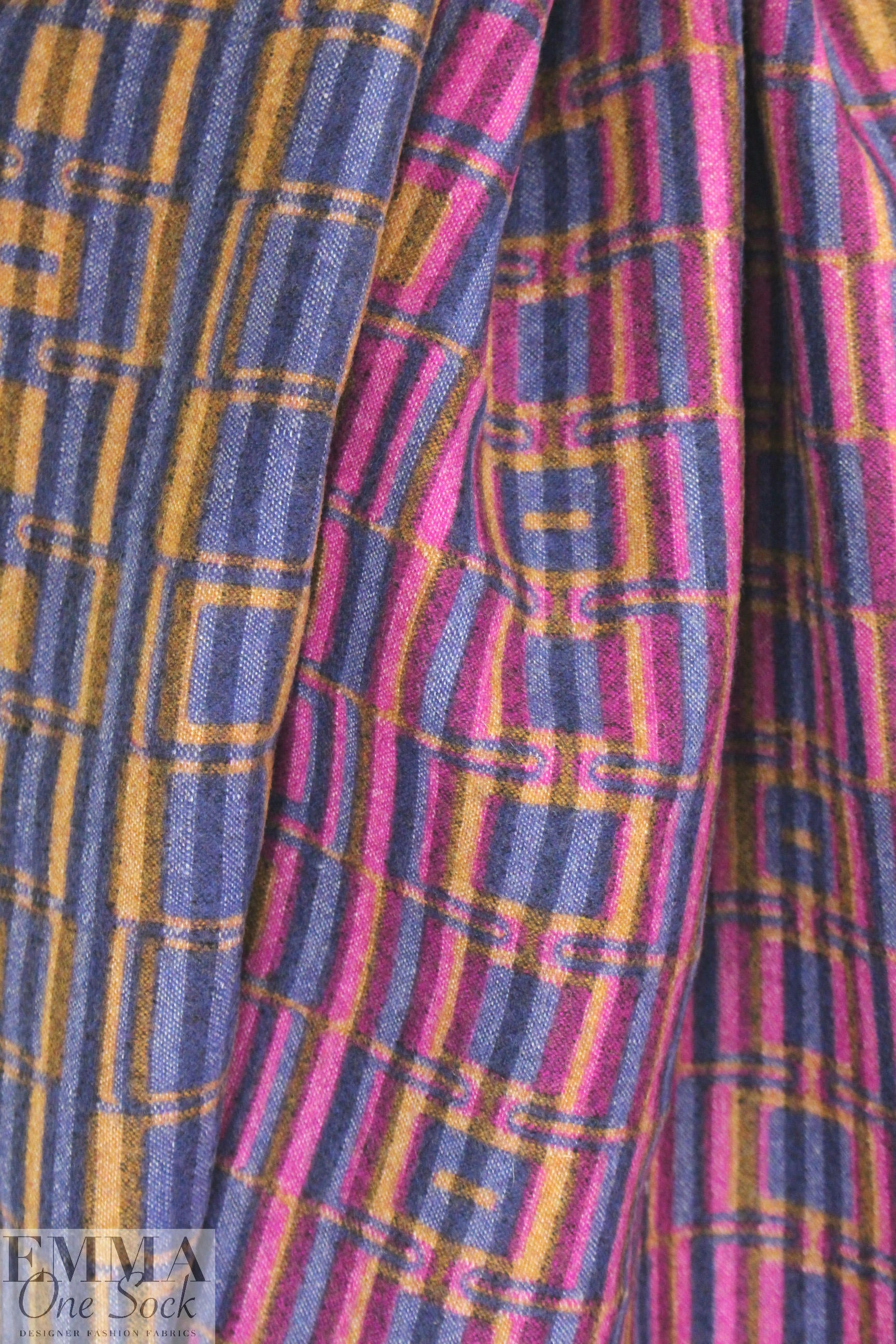 Italian mod graphic wool coating - fuschia/denim 2 yds