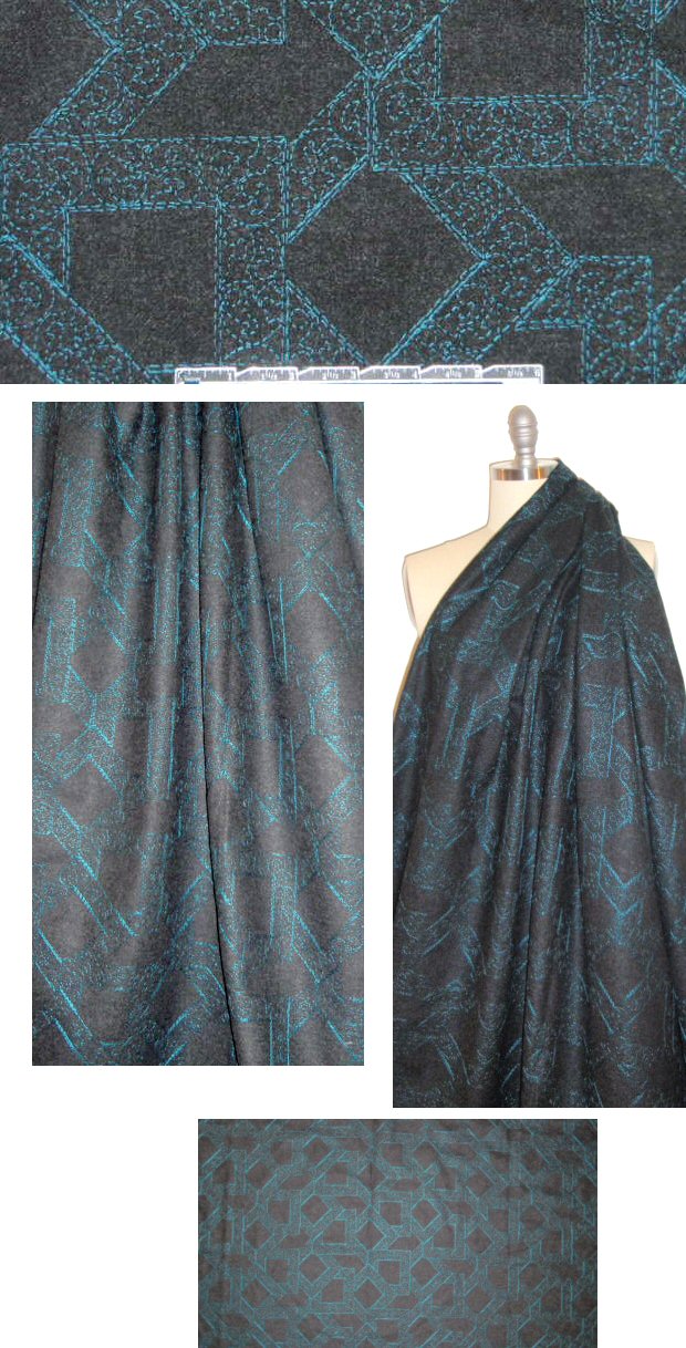 Italian met. embroidered wool coating - gunmetal/turq 1.75 yd