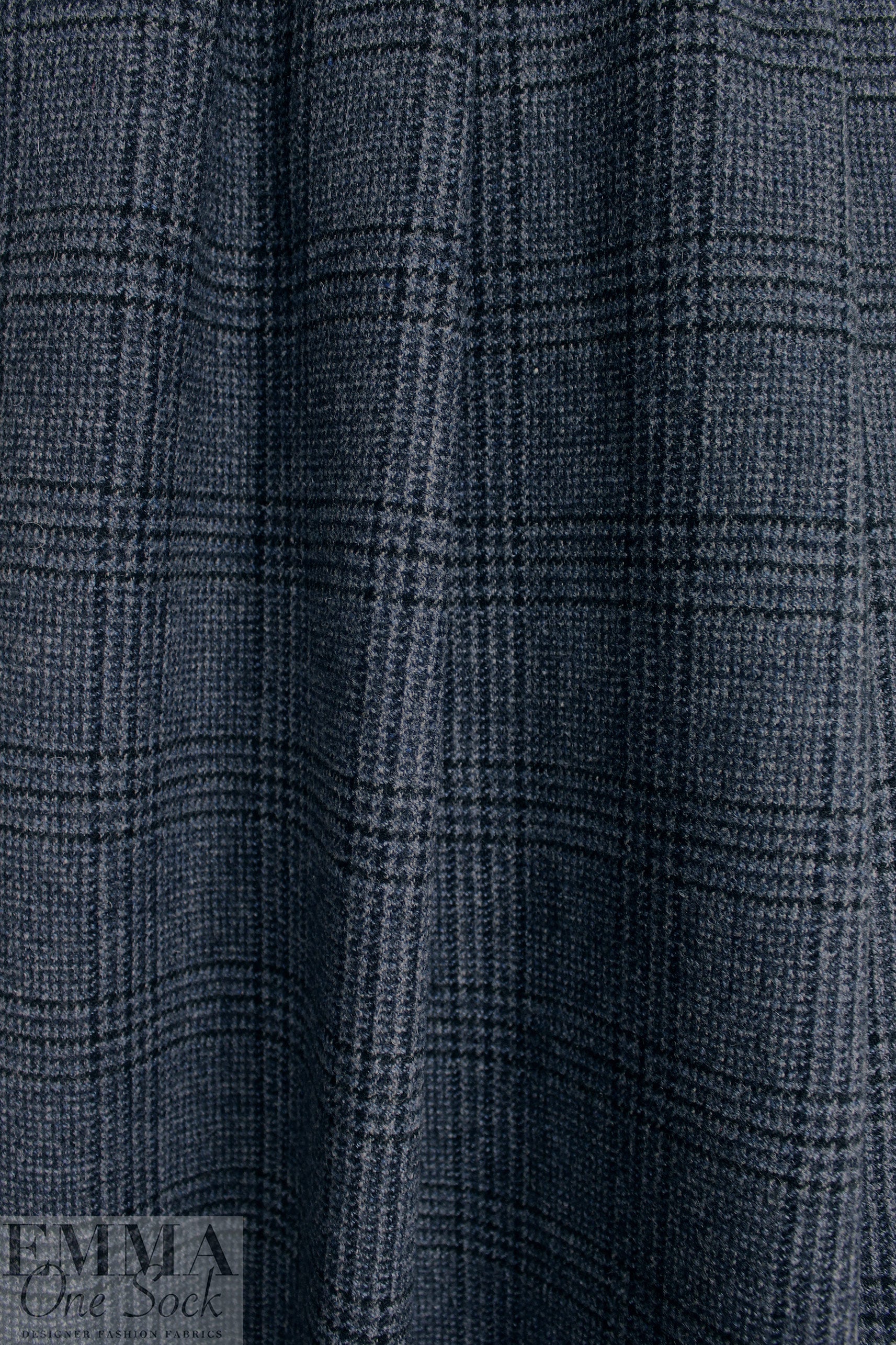 Italian all wool glen plaid suiting - dusty blue/black 1.625 yd