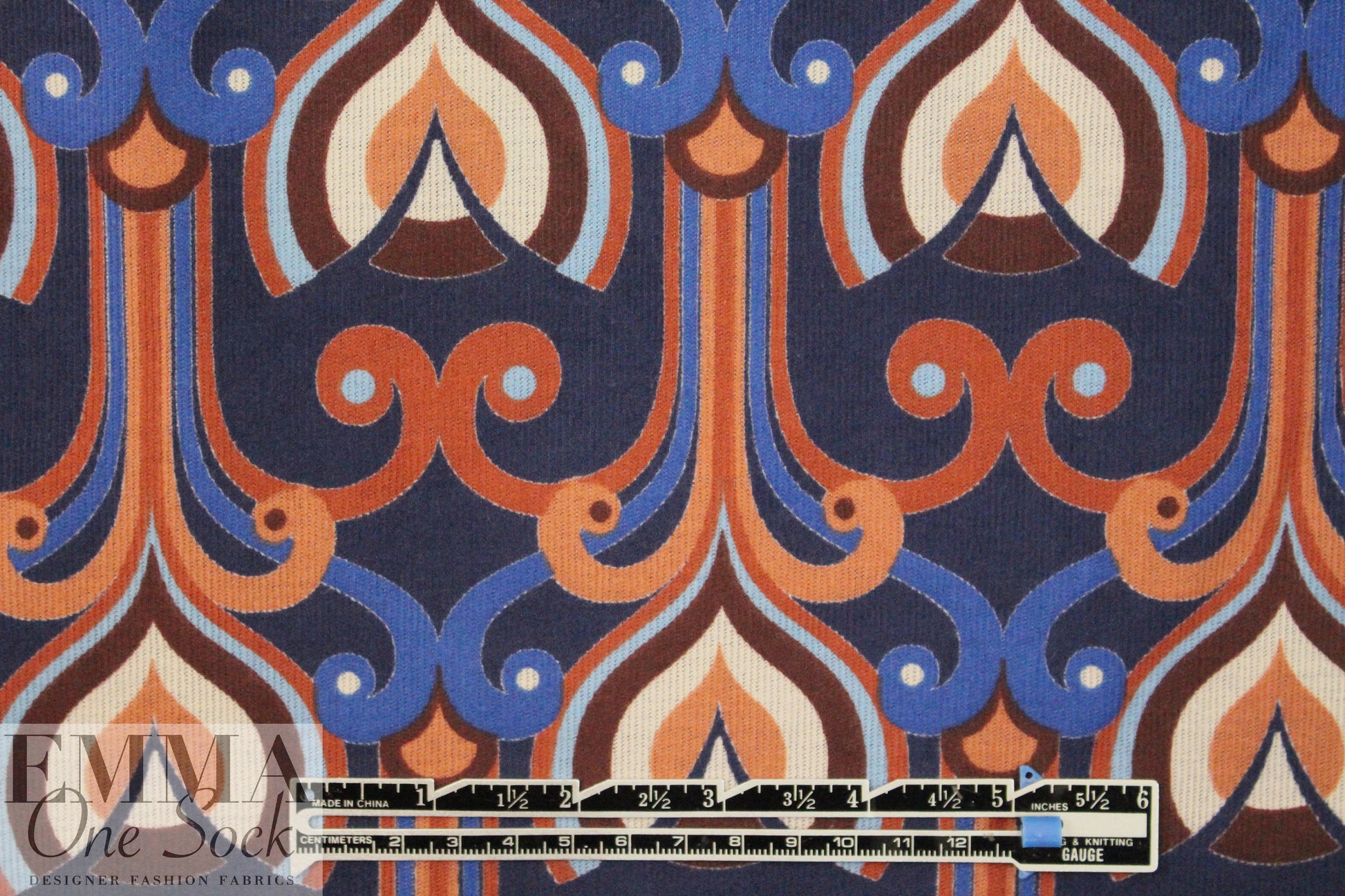 Italian art deco stretch corduroy - navy/clay 1.875 yds