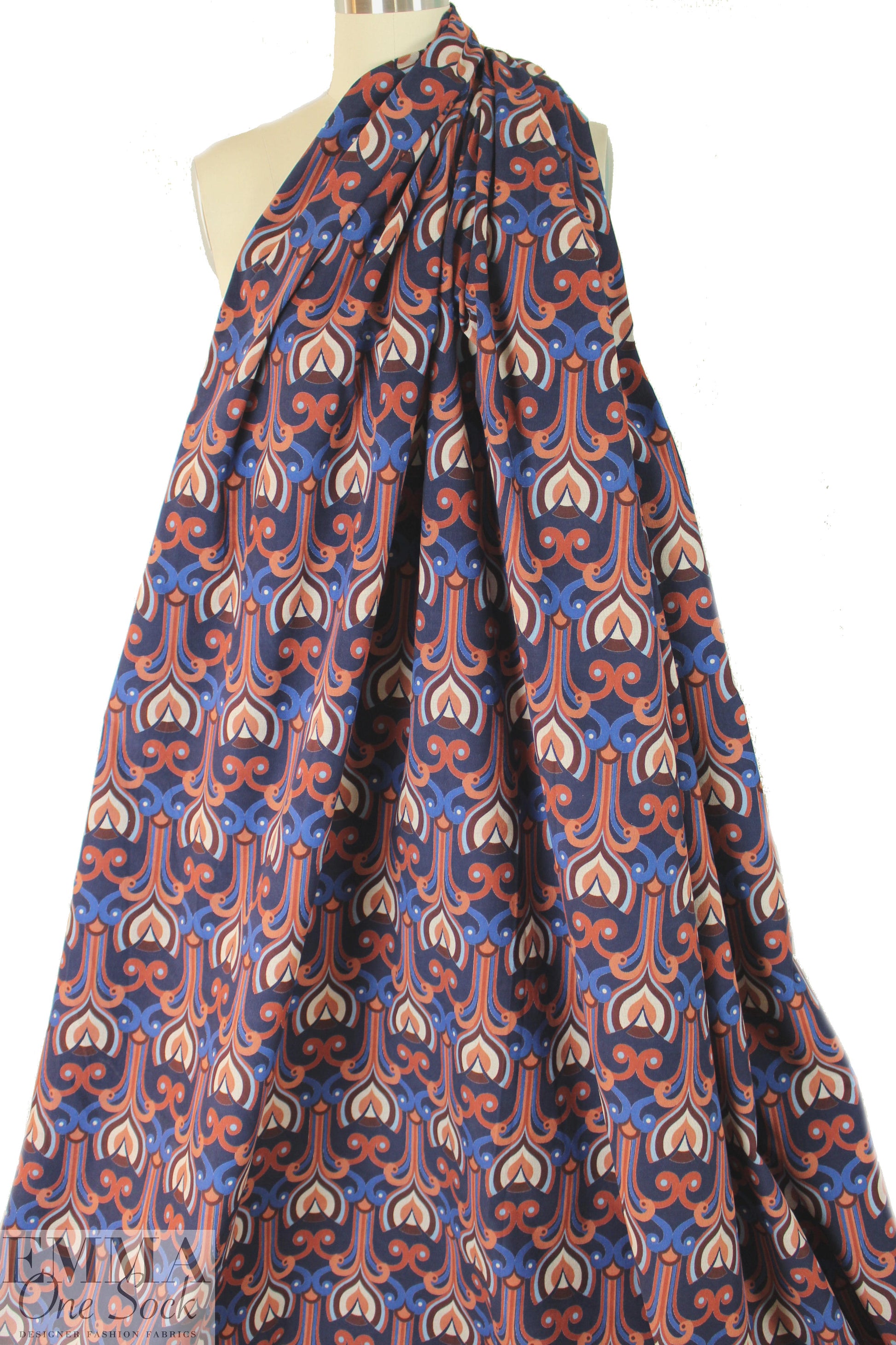 Italian art deco stretch corduroy - navy/clay